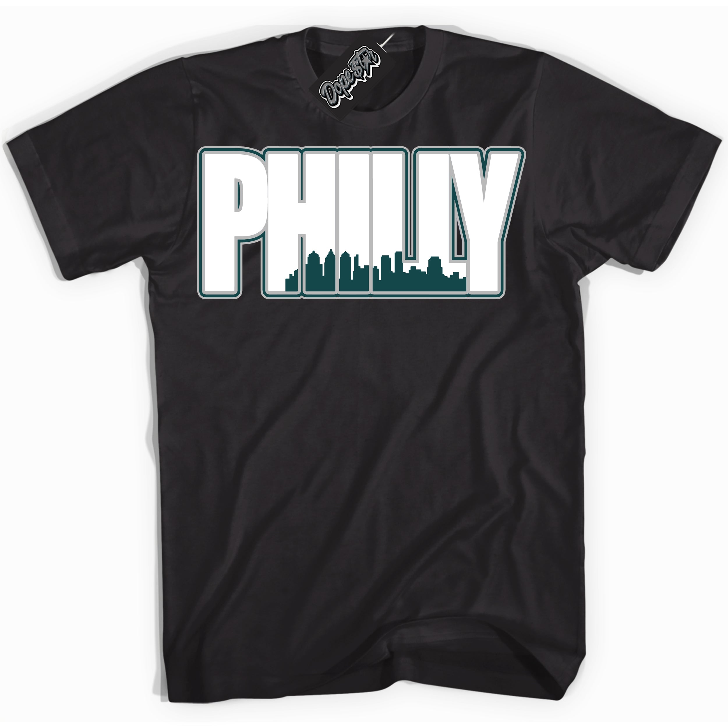 Cool Black Shirt with “Philly” design that perfectly matches the Oxidized Green 1s Jordans.