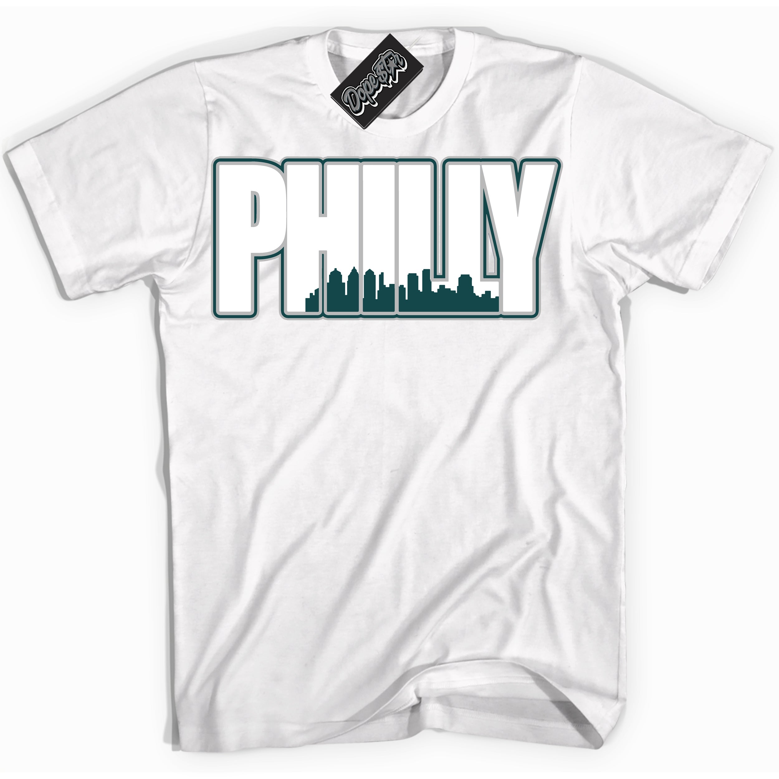 Cool White Shirt with “Philly” design that perfectly matches the Oxidized Green 1s Jordans.