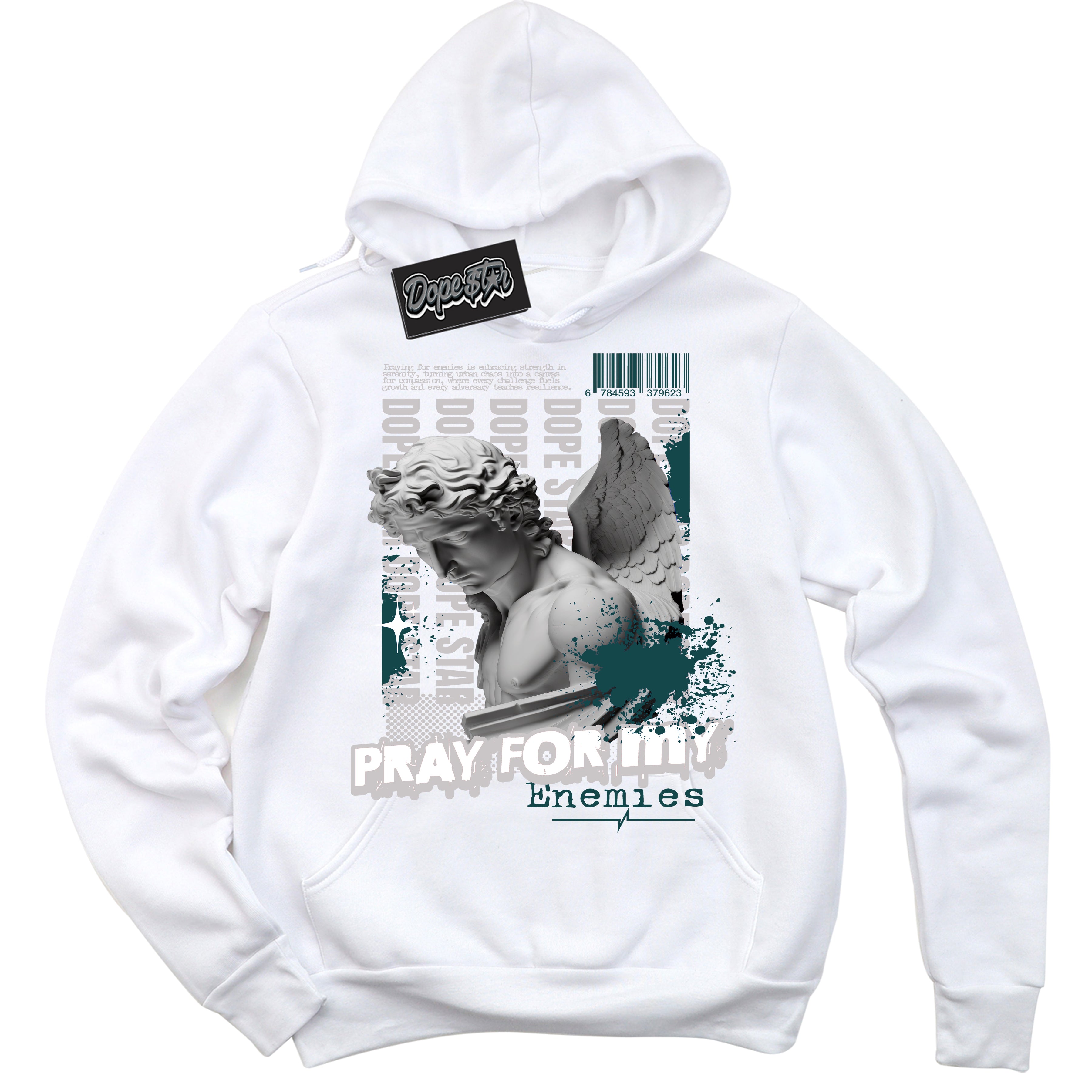 Cool White Hoodie with “Pray Enemies” design that Perfectly Matches Oxidized Green 1s Jordans.