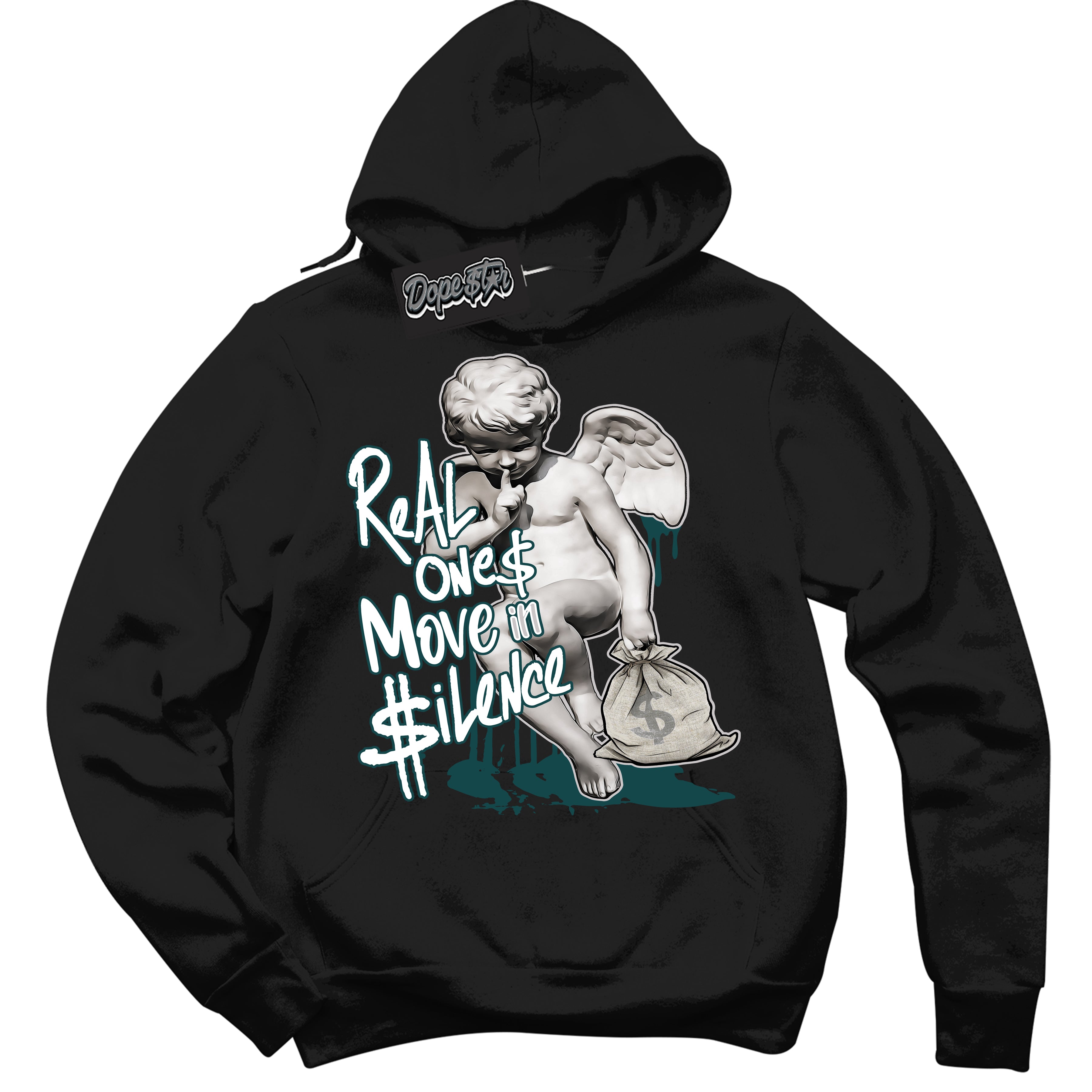 Cool Black Hoodie with “Real Ones Cherub” design that Perfectly Matches Oxidized Green 1s Jordans.