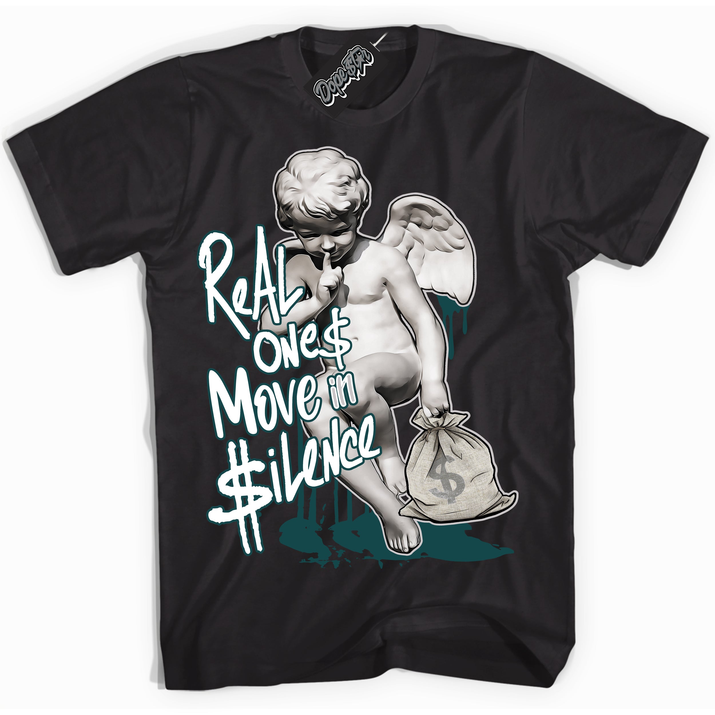 Cool Black Shirt with “Real Ones Cherub” design that perfectly matches the Oxidized Green 1s Jordans.