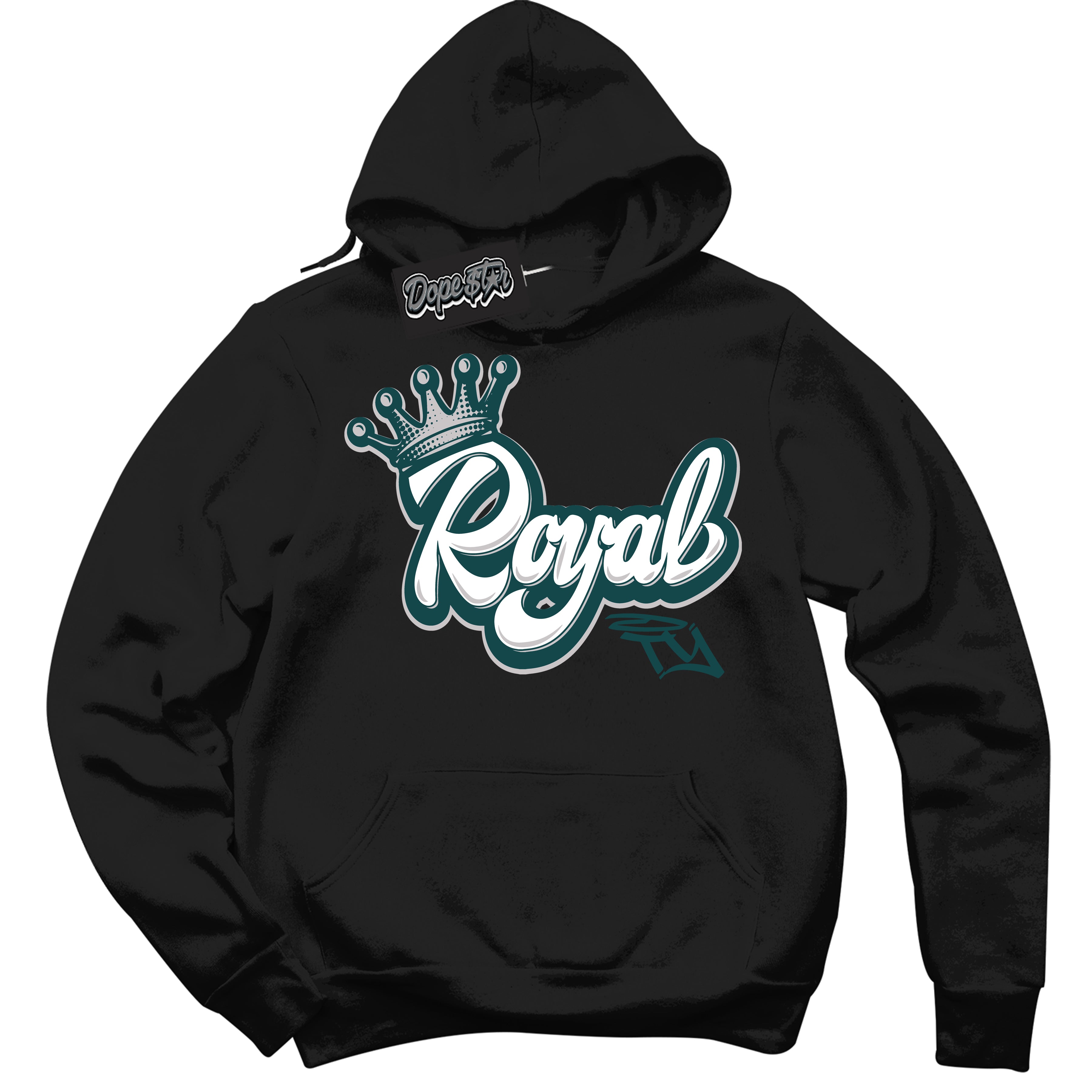 Cool Black Hoodie with “Royalty” design that Perfectly Matches Oxidized Green 1s Jordans.