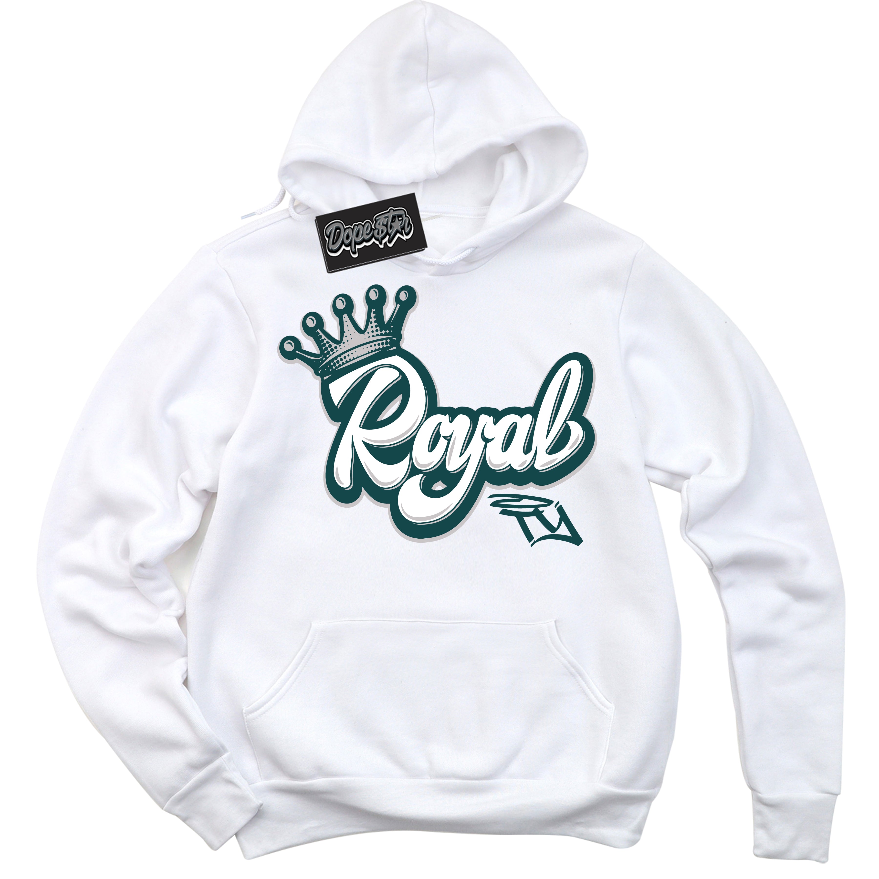 Cool White Hoodie with “Royalty” design that Perfectly Matches Oxidized Green 1s Jordans.