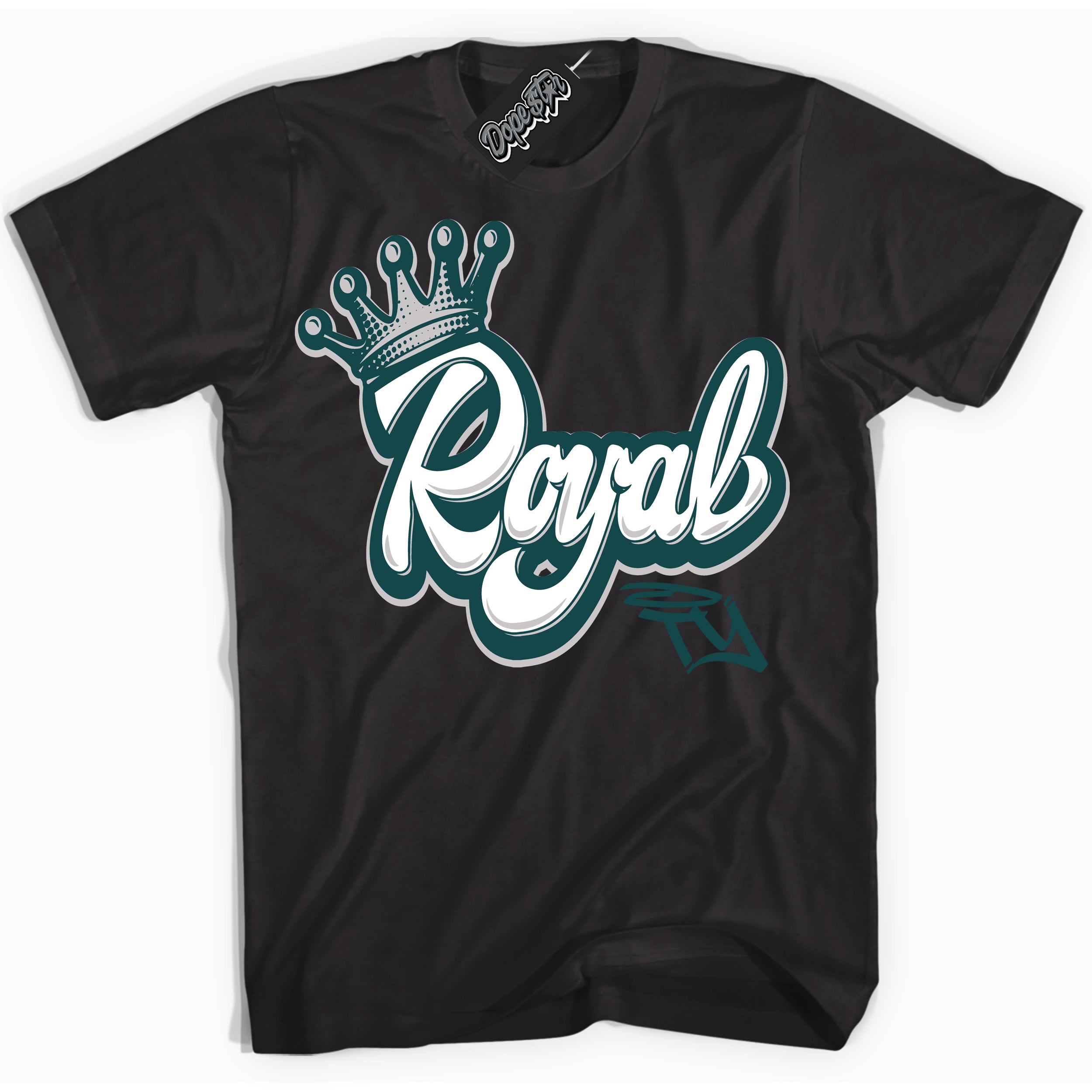 Cool Black Shirt with “Royalty” design that perfectly matches the Oxidized Green 1s Jordans.