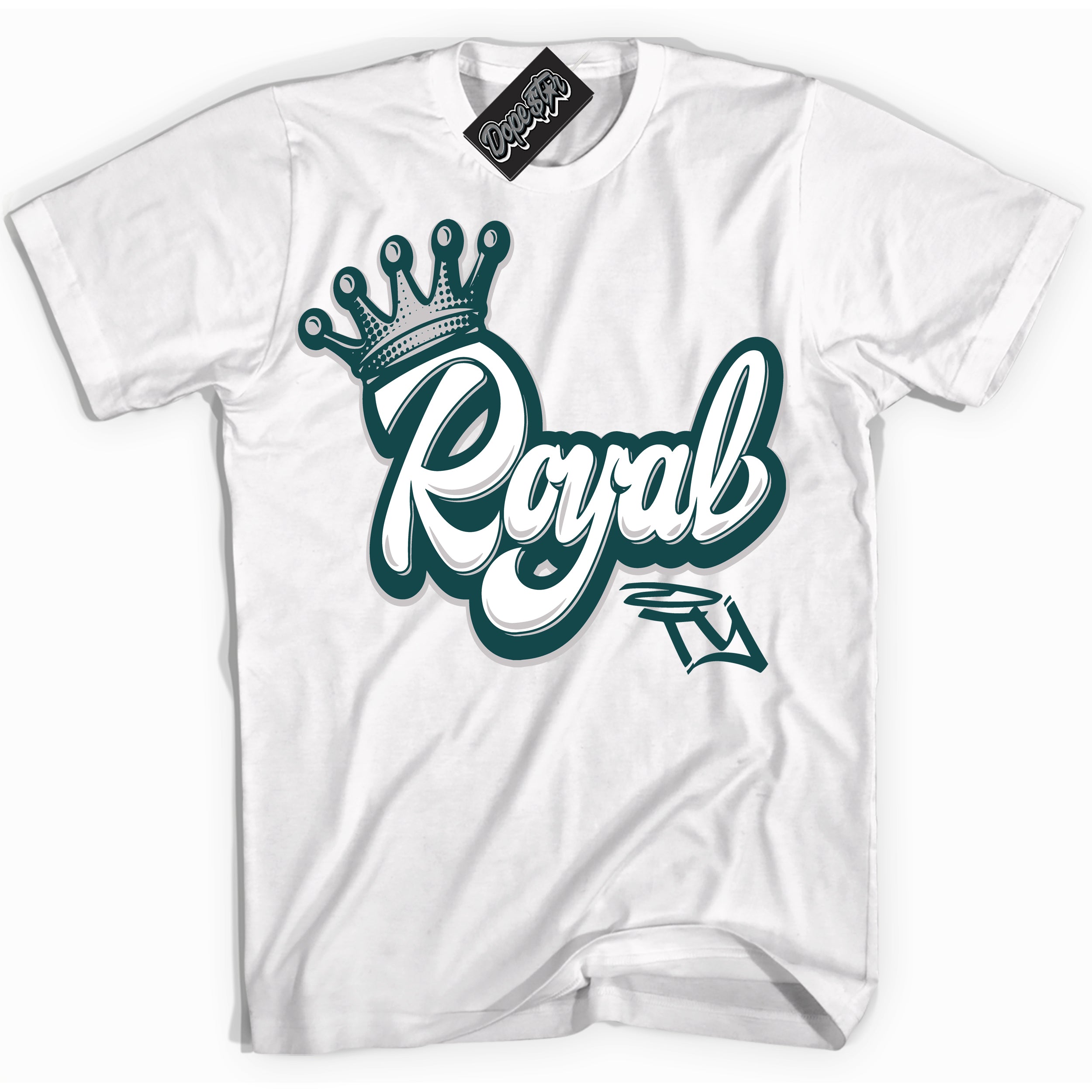 Cool White Shirt with “Royalty” design that perfectly matches the Oxidized Green 1s Jordans.