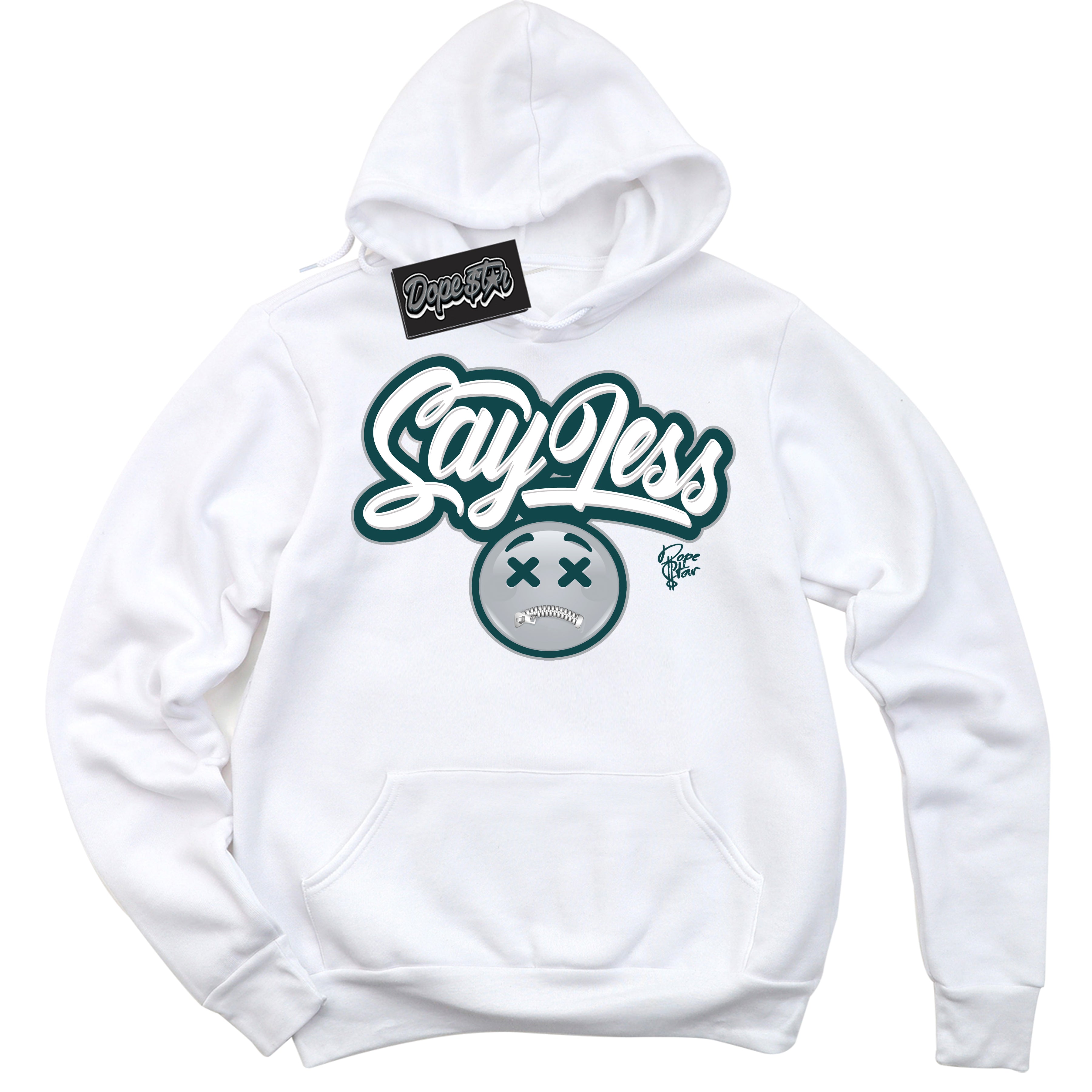 Cool White Hoodie with “Say Less” design that Perfectly Matches Oxidized Green 1s Jordans.