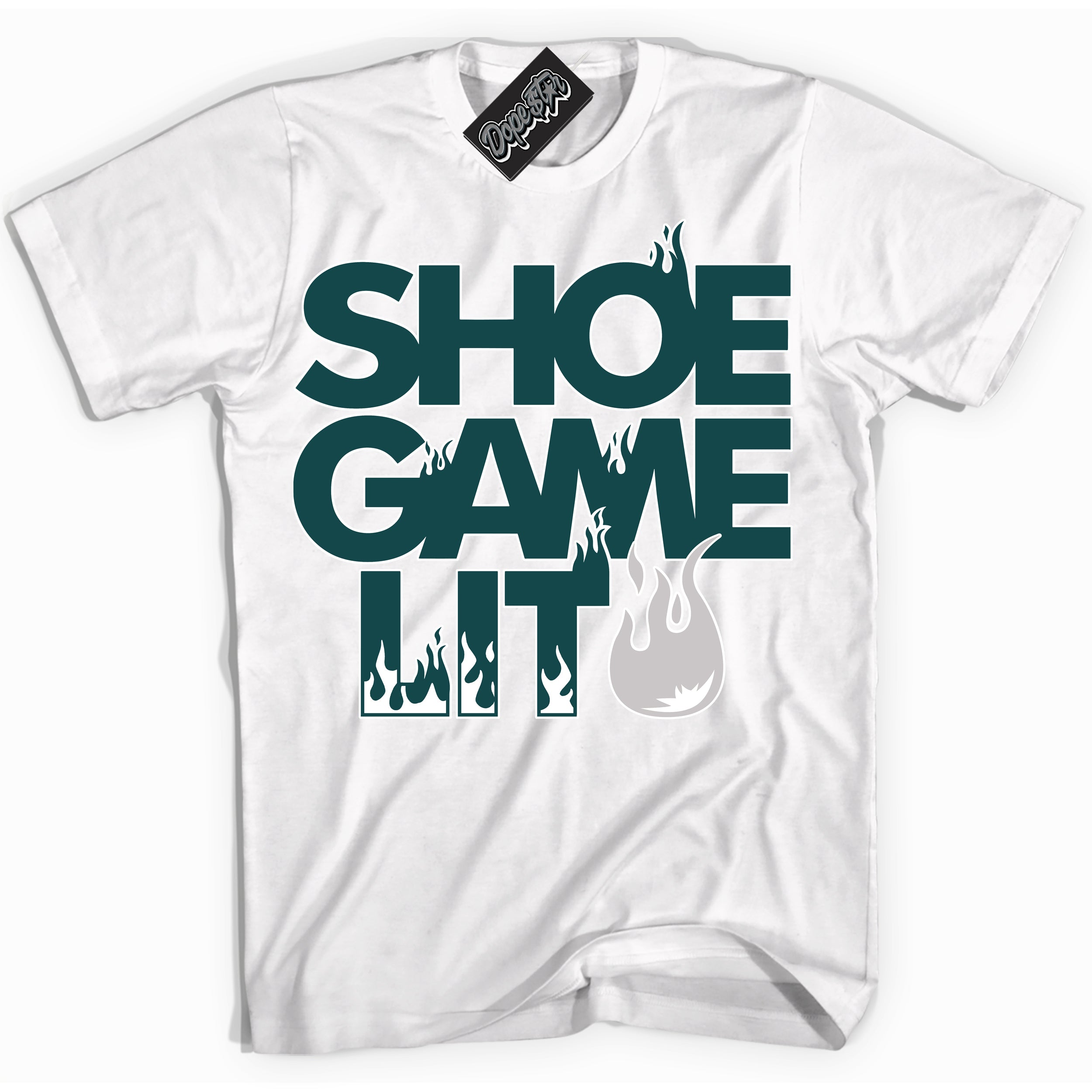 Cool White Shirt with “Shoe Game Lit” design that perfectly matches the Oxidized Green 1s Jordans.