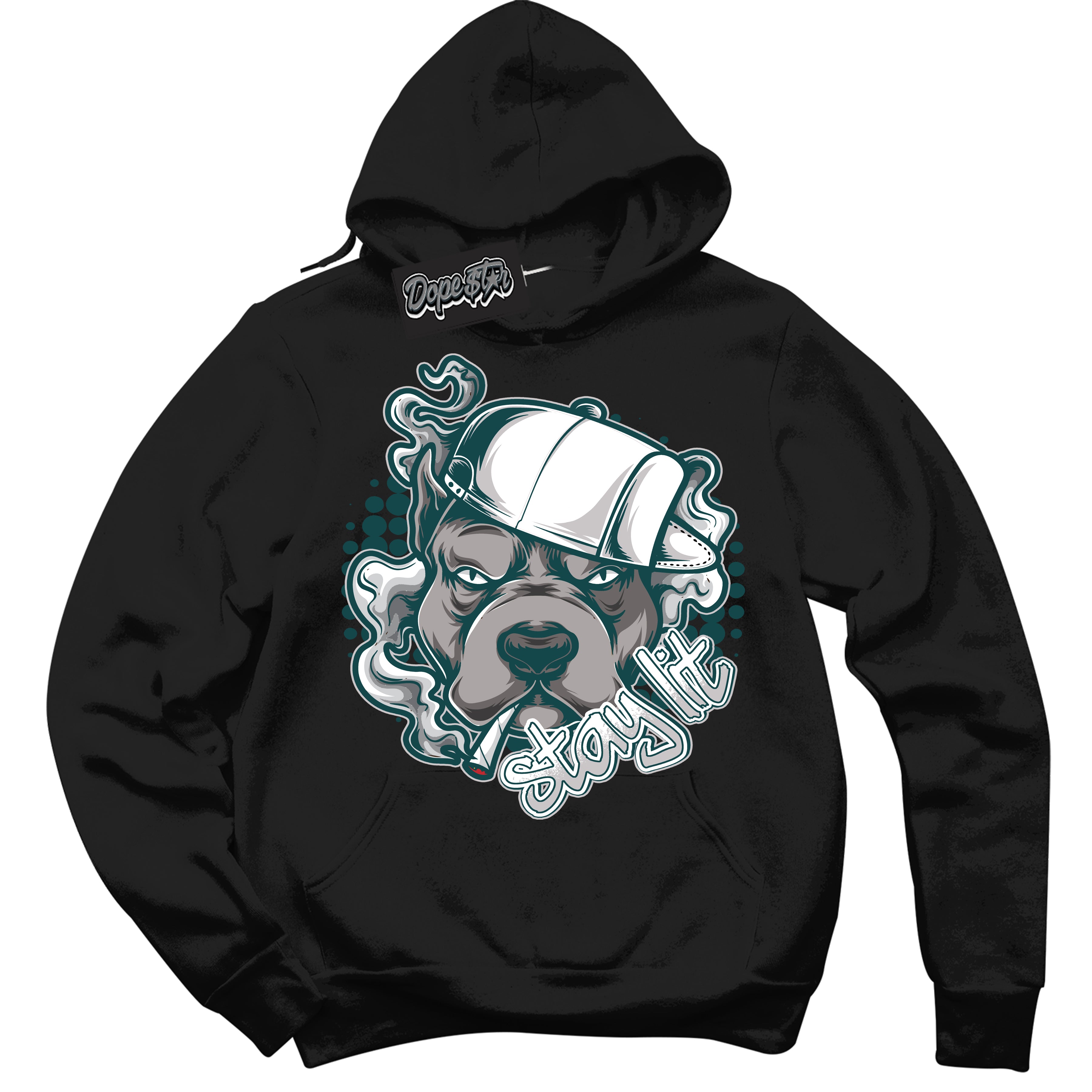 Cool Black Hoodie with “Stay Lit” design that Perfectly Matches Oxidized Green 1s Jordans.