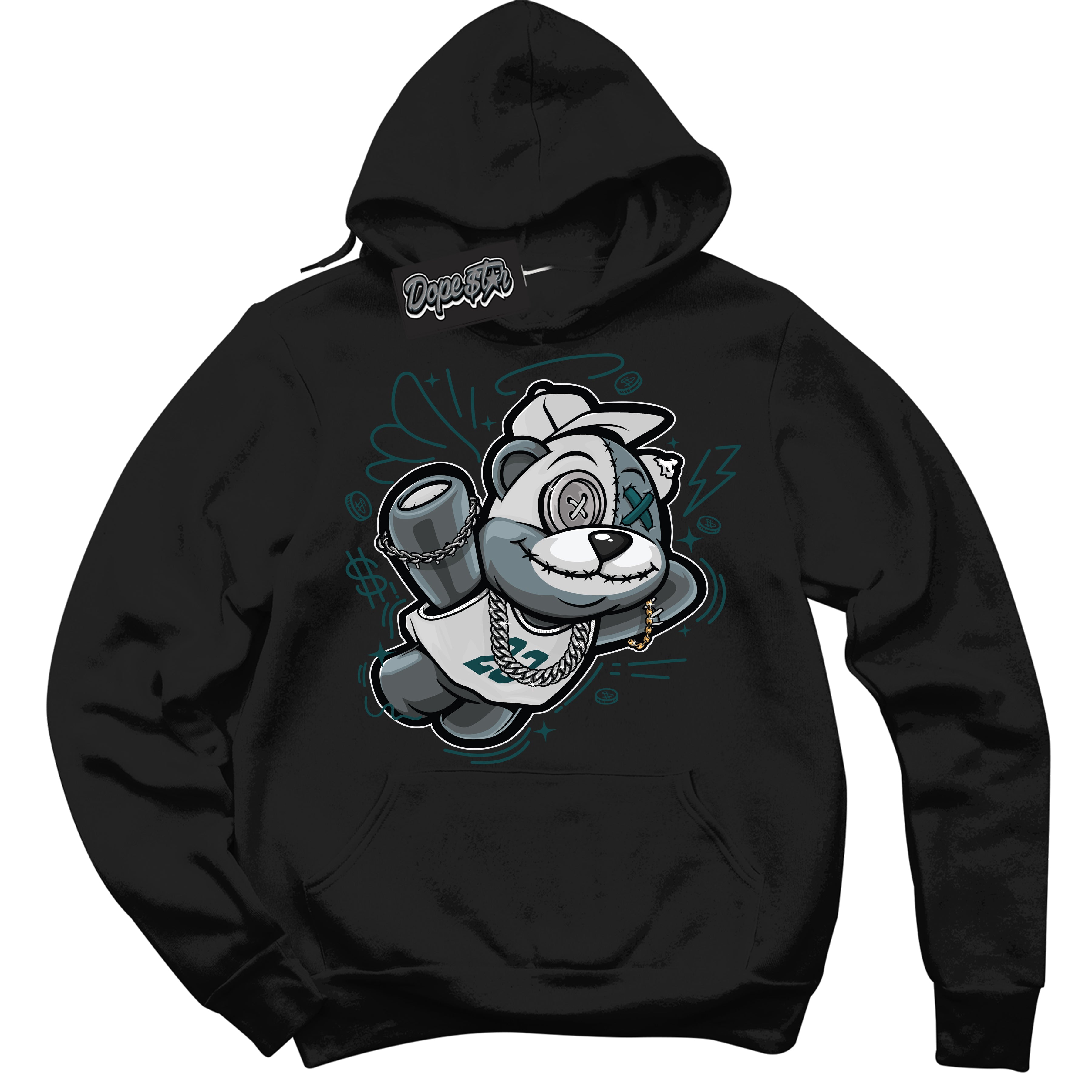 Cool Black Hoodie with “Slam Dunk Bear” design that Perfectly Matches Oxidized Green 1s Jordans.