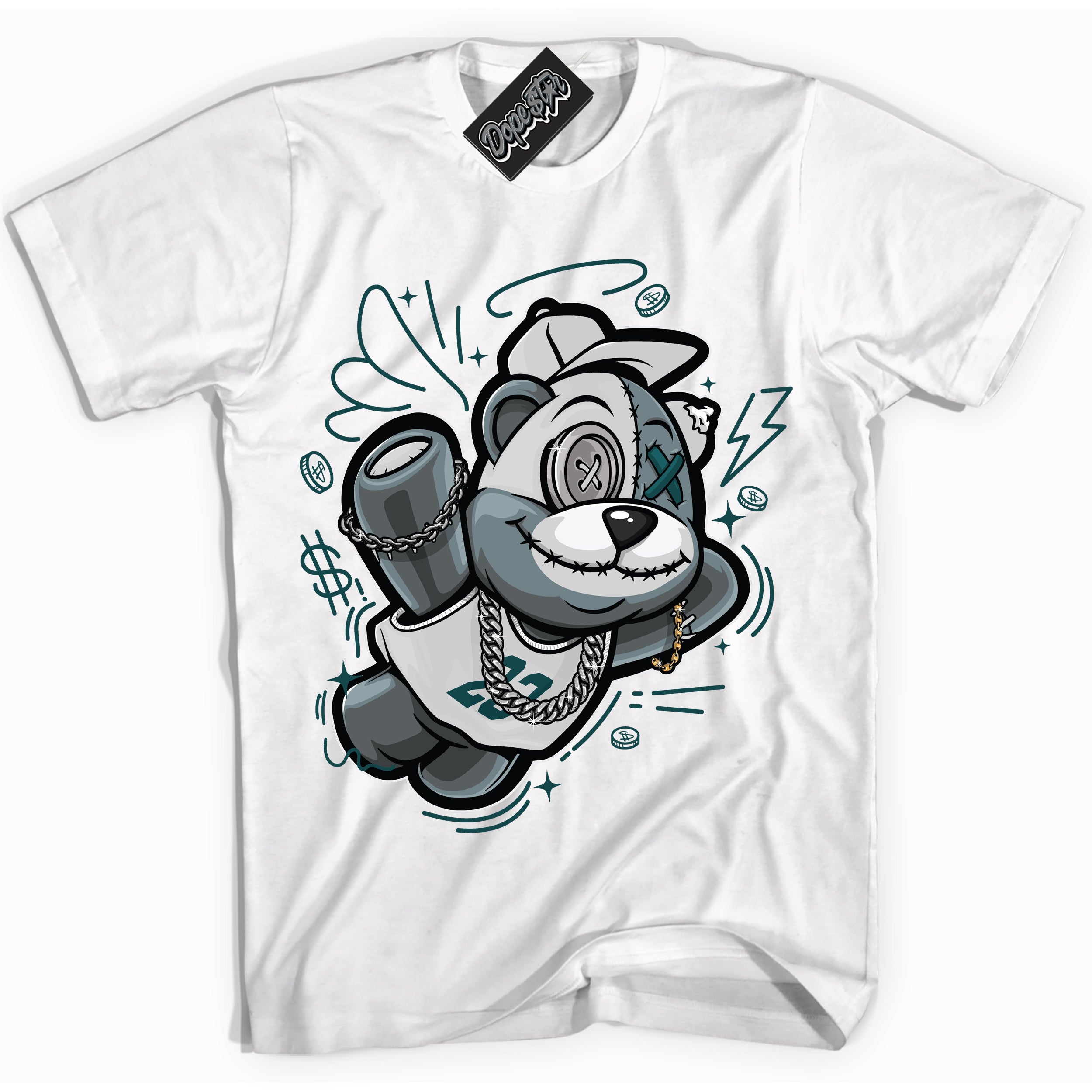 Cool White Shirt with “Slam Dunk Bear” design that perfectly matches the Oxidized Green 1s Jordans.