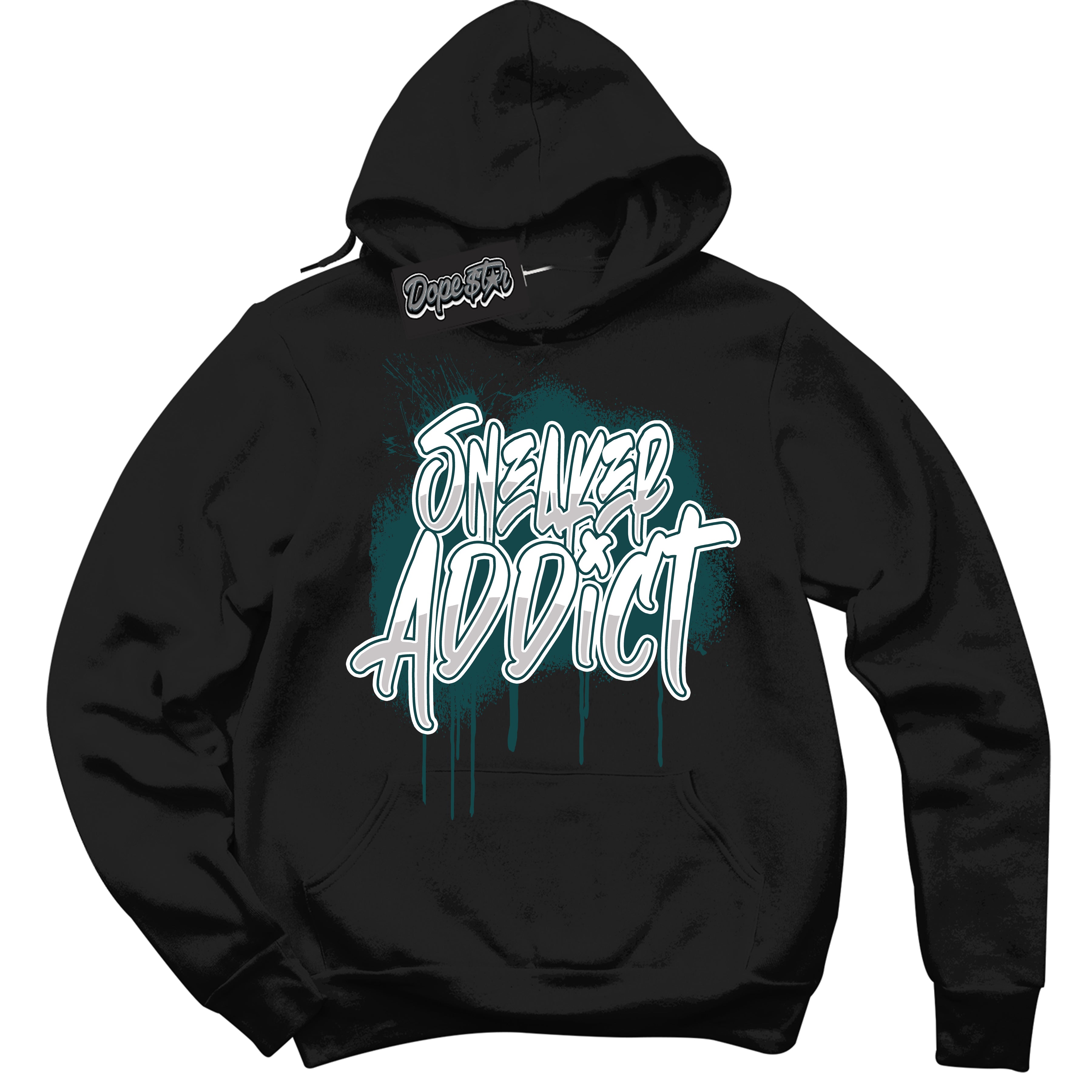 Cool Black Hoodie with “Sneaker Addict” design that Perfectly Matches Oxidized Green 1s Jordans.