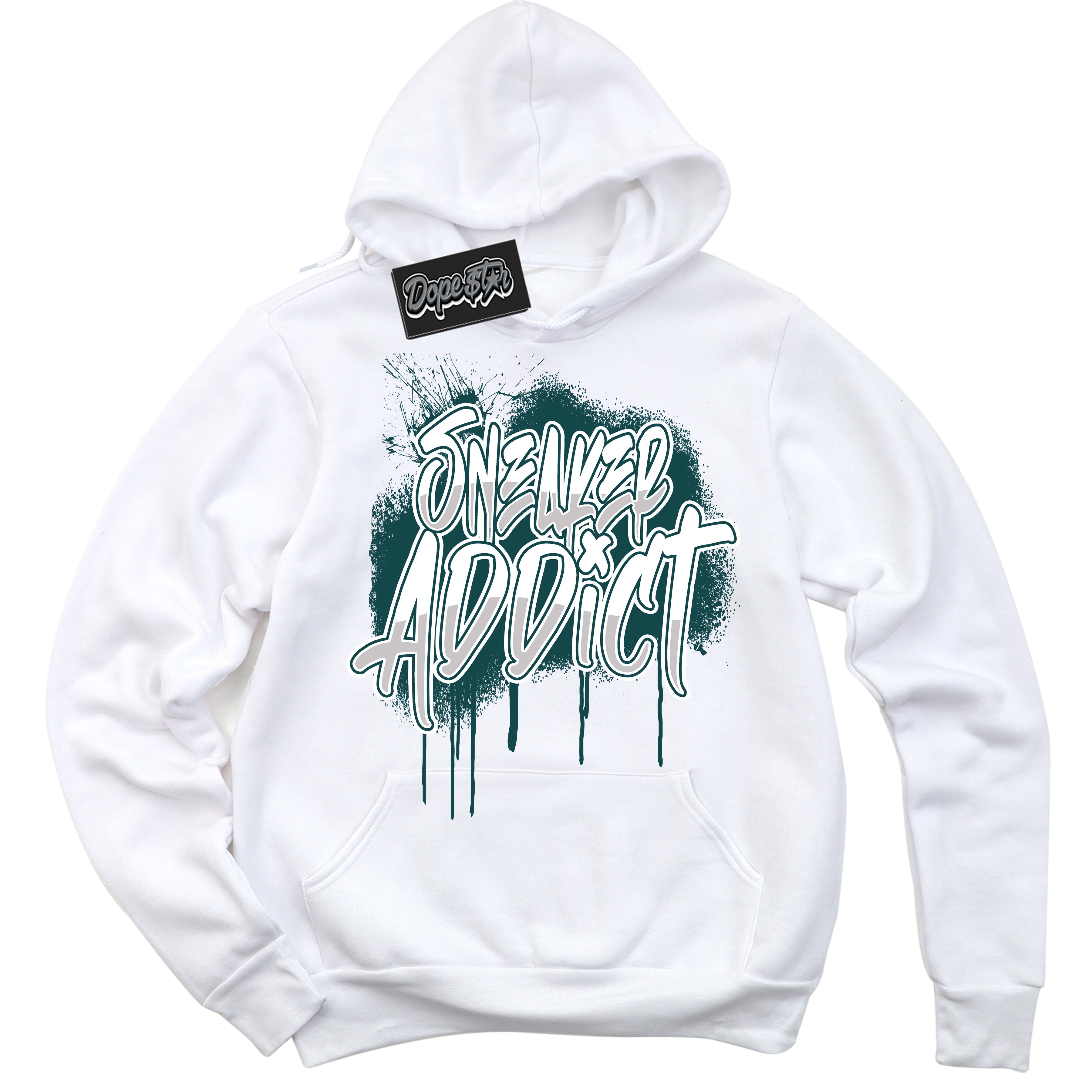 Cool White Hoodie with “Sneaker Addict” design that Perfectly Matches Oxidized Green 1s Jordans.