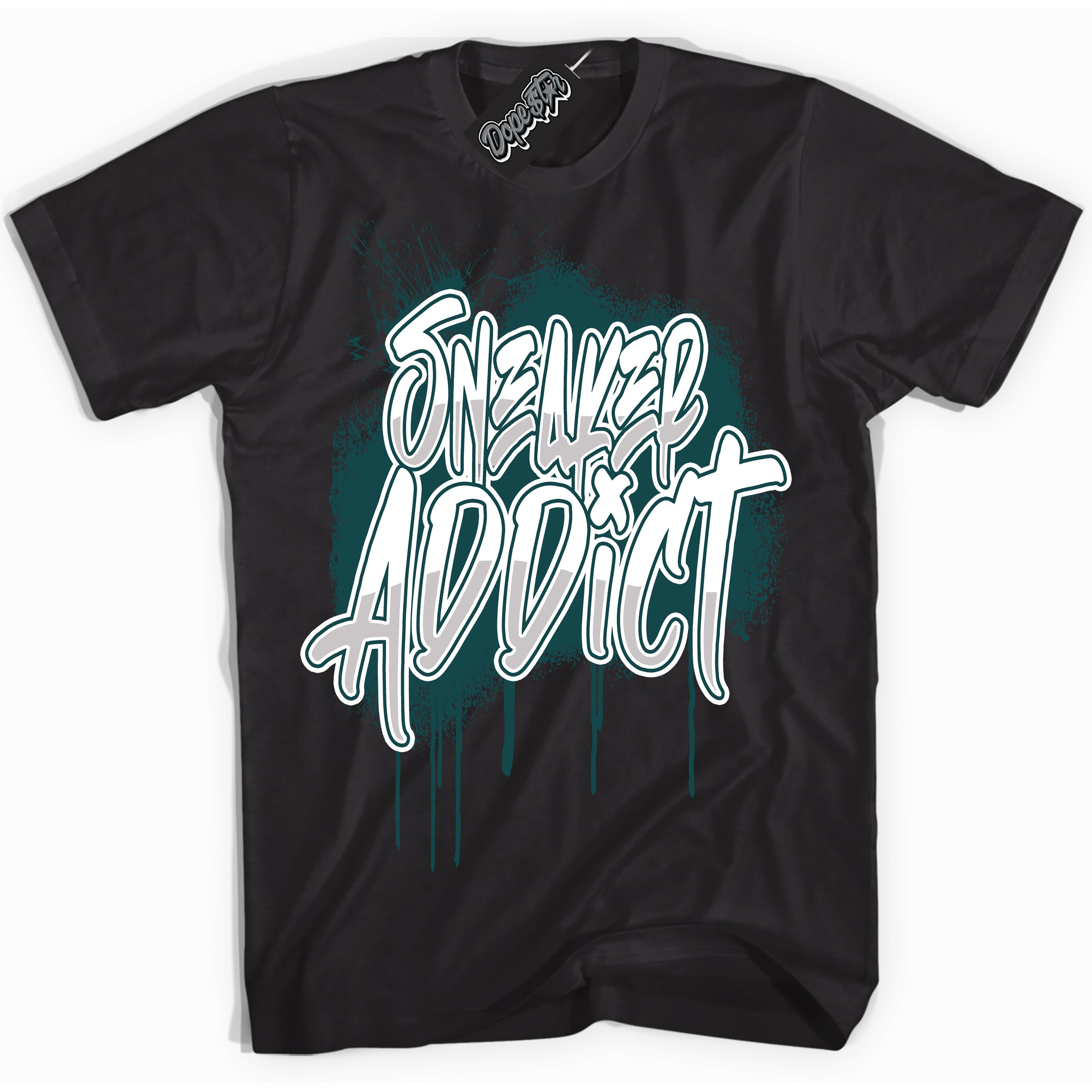 Cool Black Shirt with “Sneaker Addict” design that perfectly matches the Oxidized Green 1s Jordans.