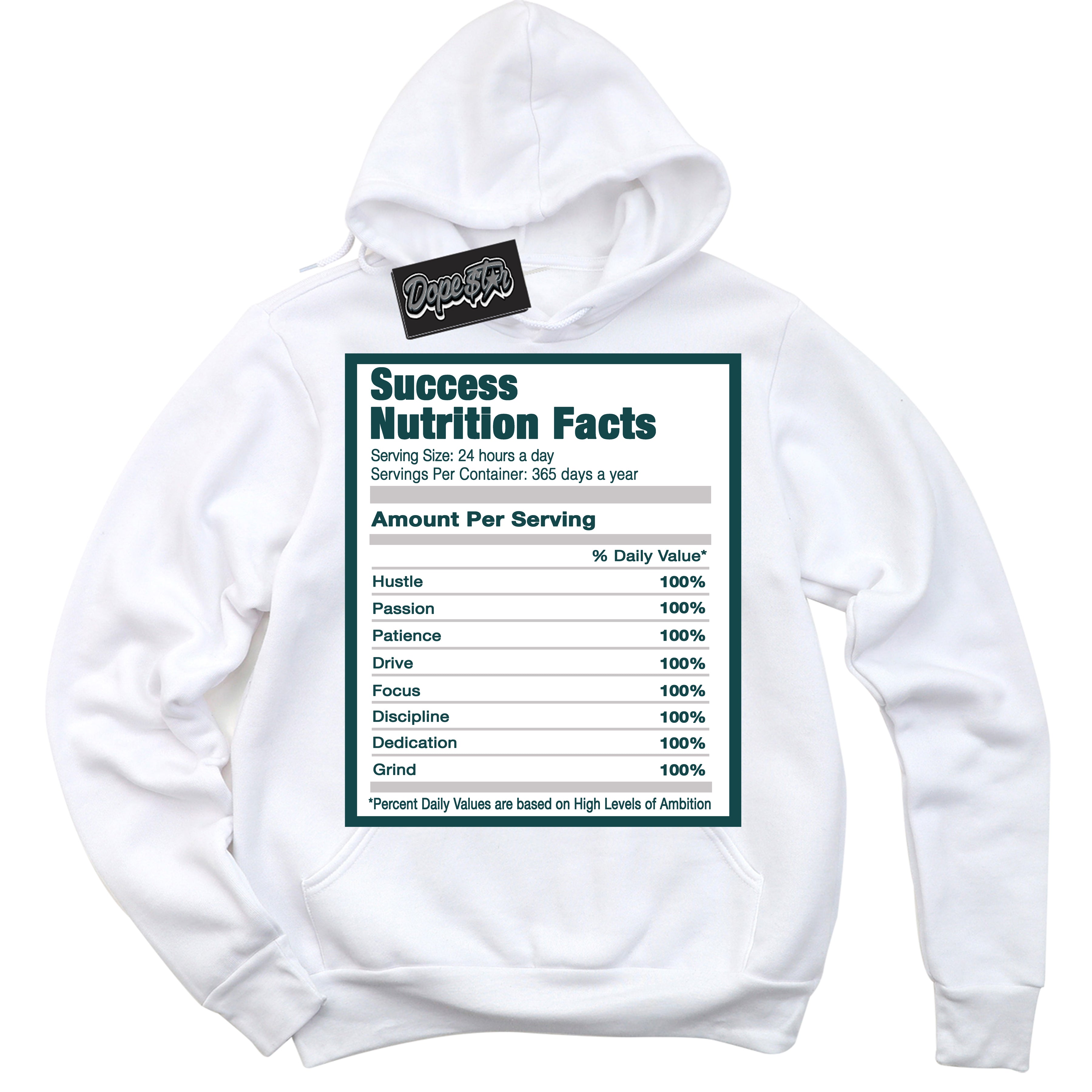 Cool White Hoodie with “Success Nutrition” design that Perfectly Matches Oxidized Green 1s Jordans.