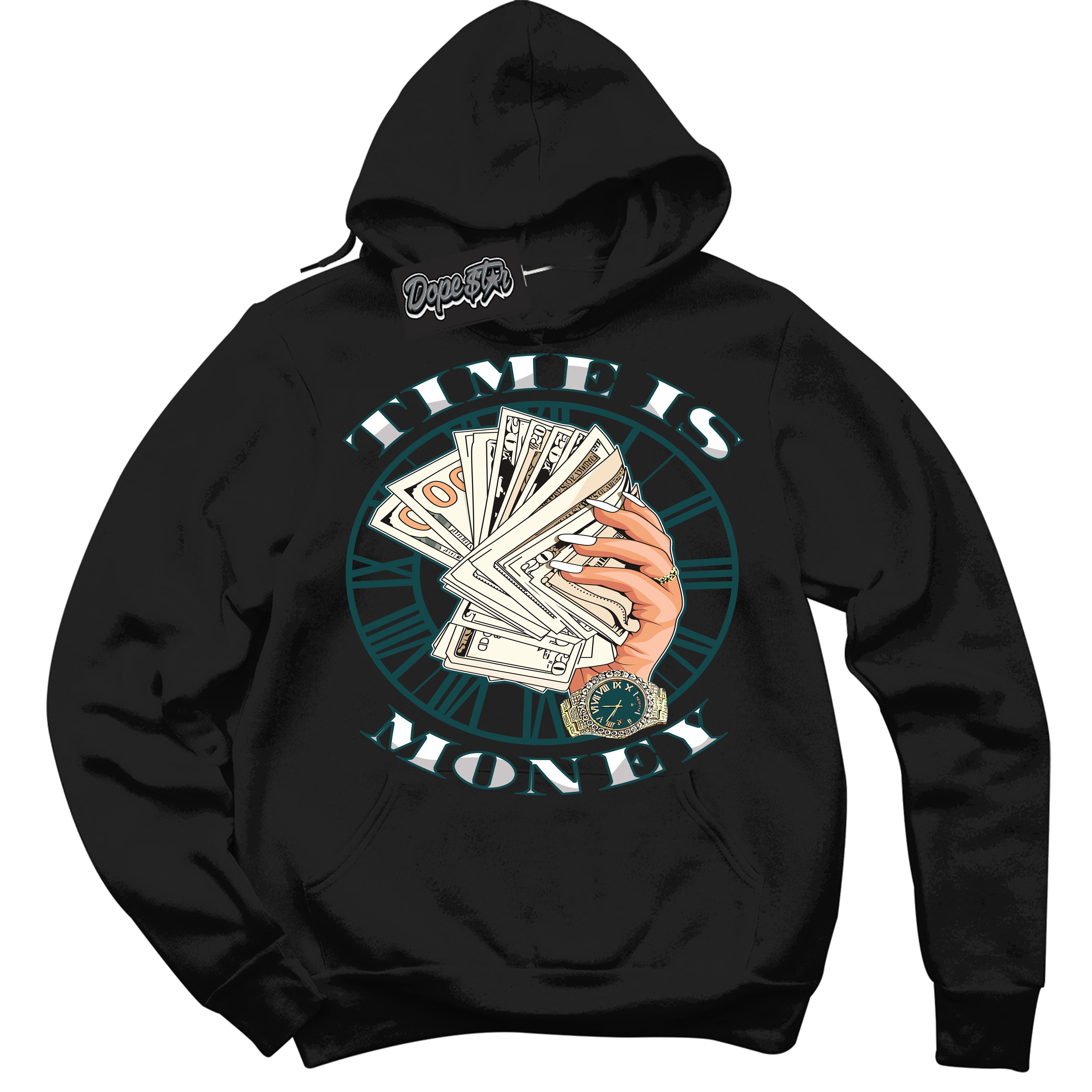 Cool Black Hoodie with “Time Is Money” design that Perfectly Matches Oxidized Green 1s Jordans.