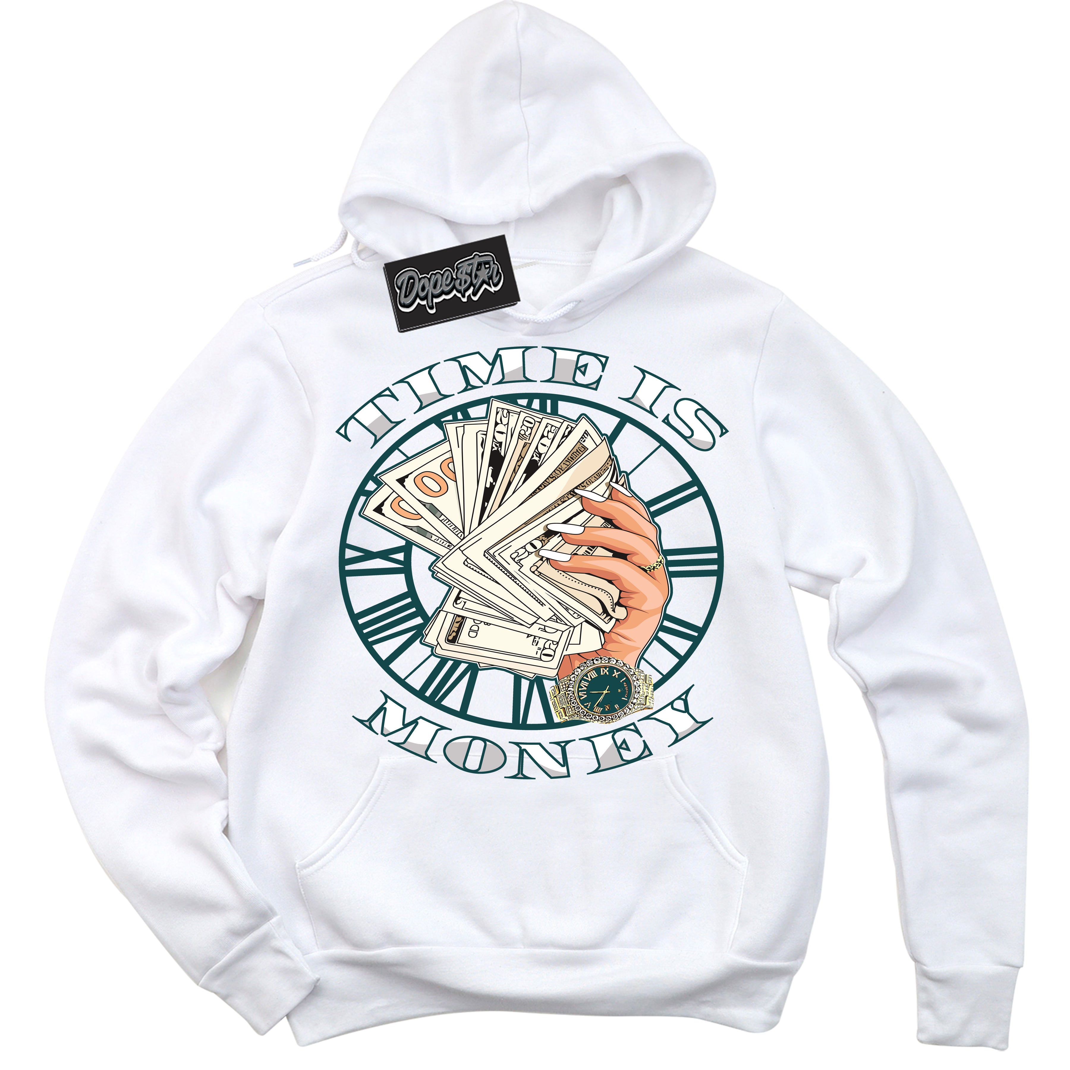 Cool White Hoodie with “Time Is Money” design that Perfectly Matches Oxidized Green 1s Jordans.