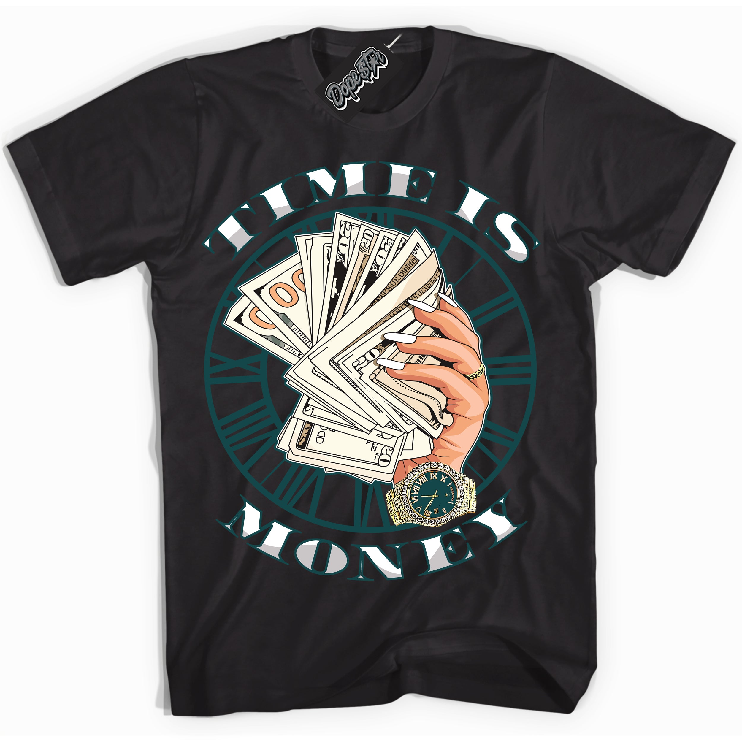 Cool Black Shirt with “Time Is Money” design that perfectly matches the Oxidized Green 1s Jordans.