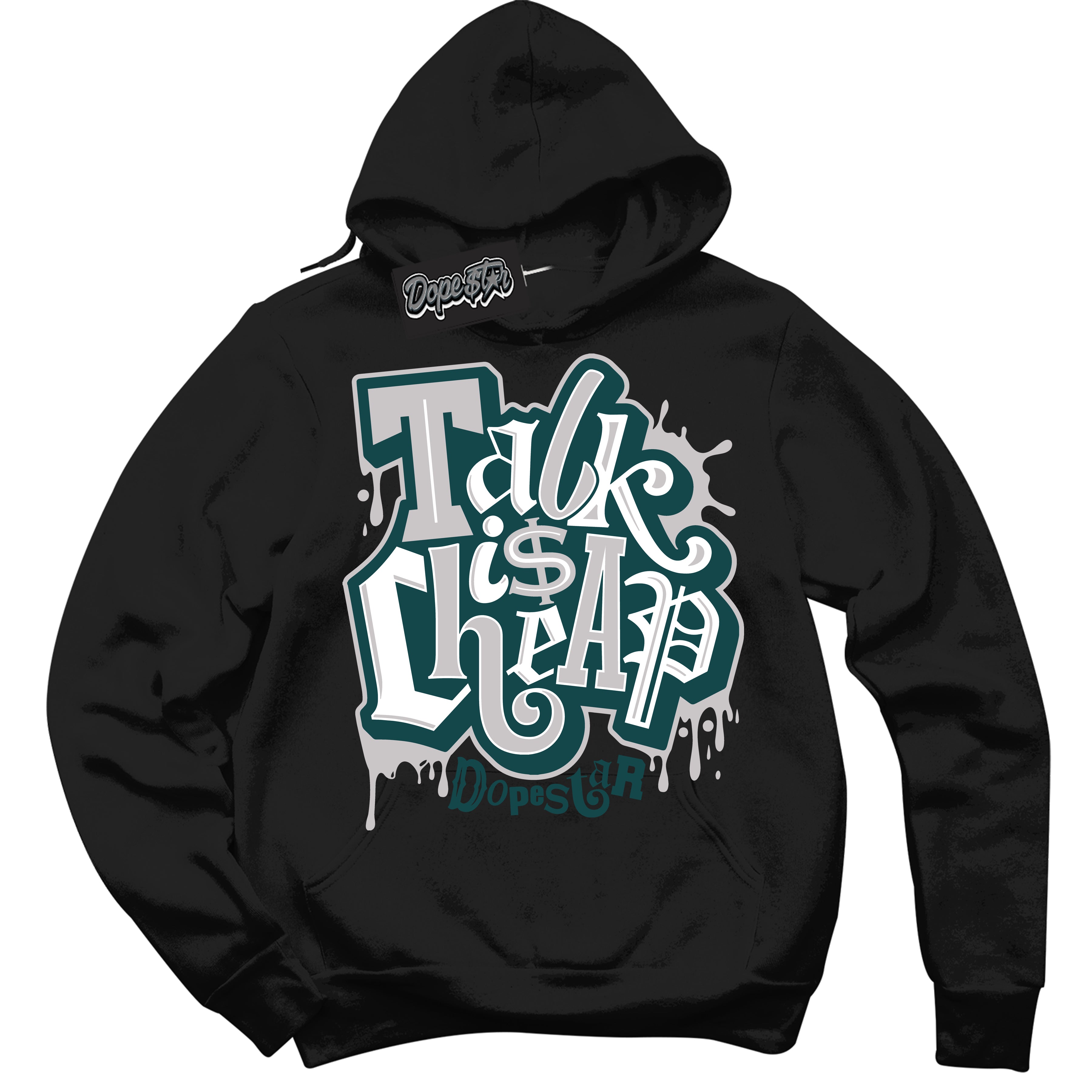 Cool Black Hoodie with “Talk Is Cheap” design that Perfectly Matches Oxidized Green 1s Jordans.