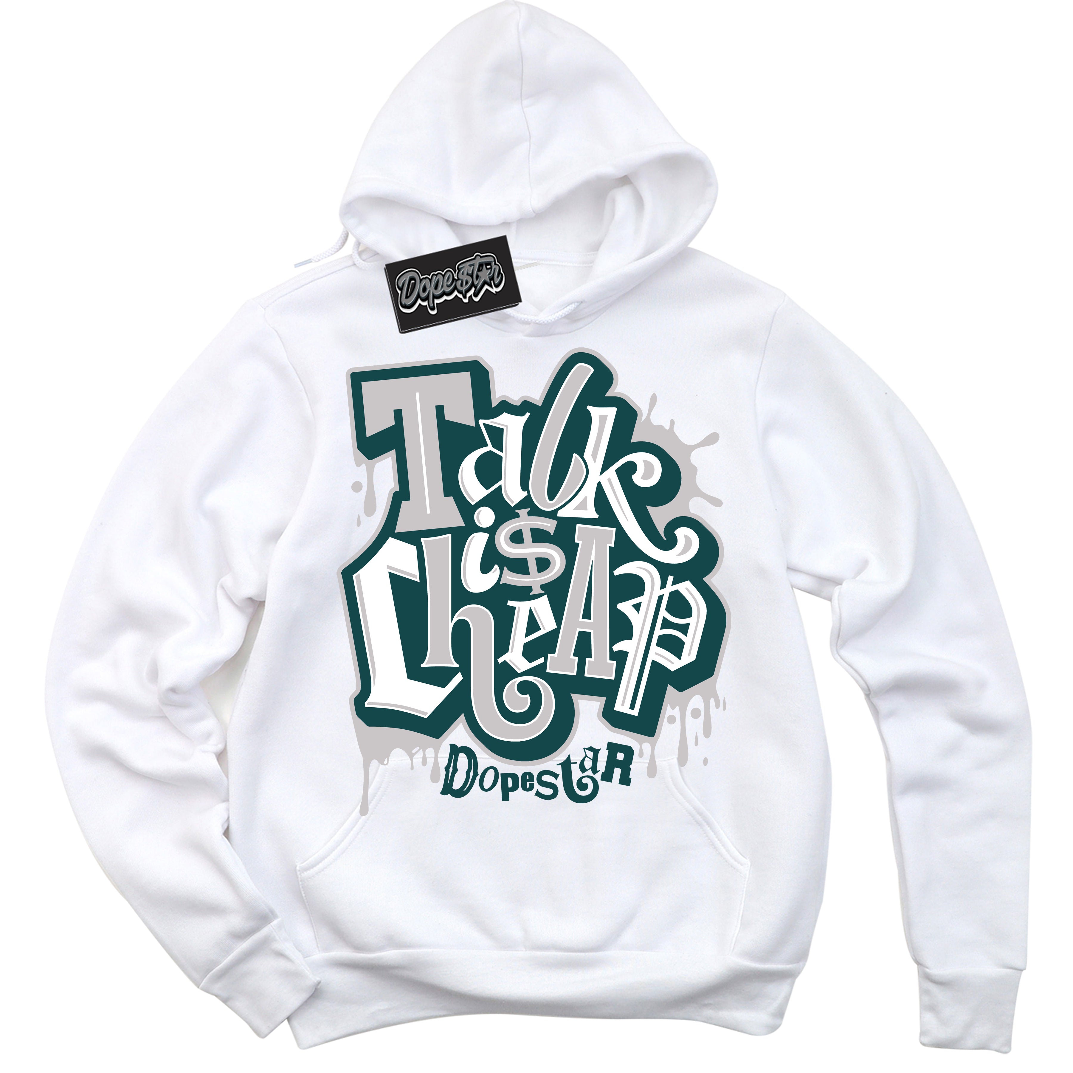 Cool White Hoodie with “Talk Is Cheap” design that Perfectly Matches Oxidized Green 1s Jordans.