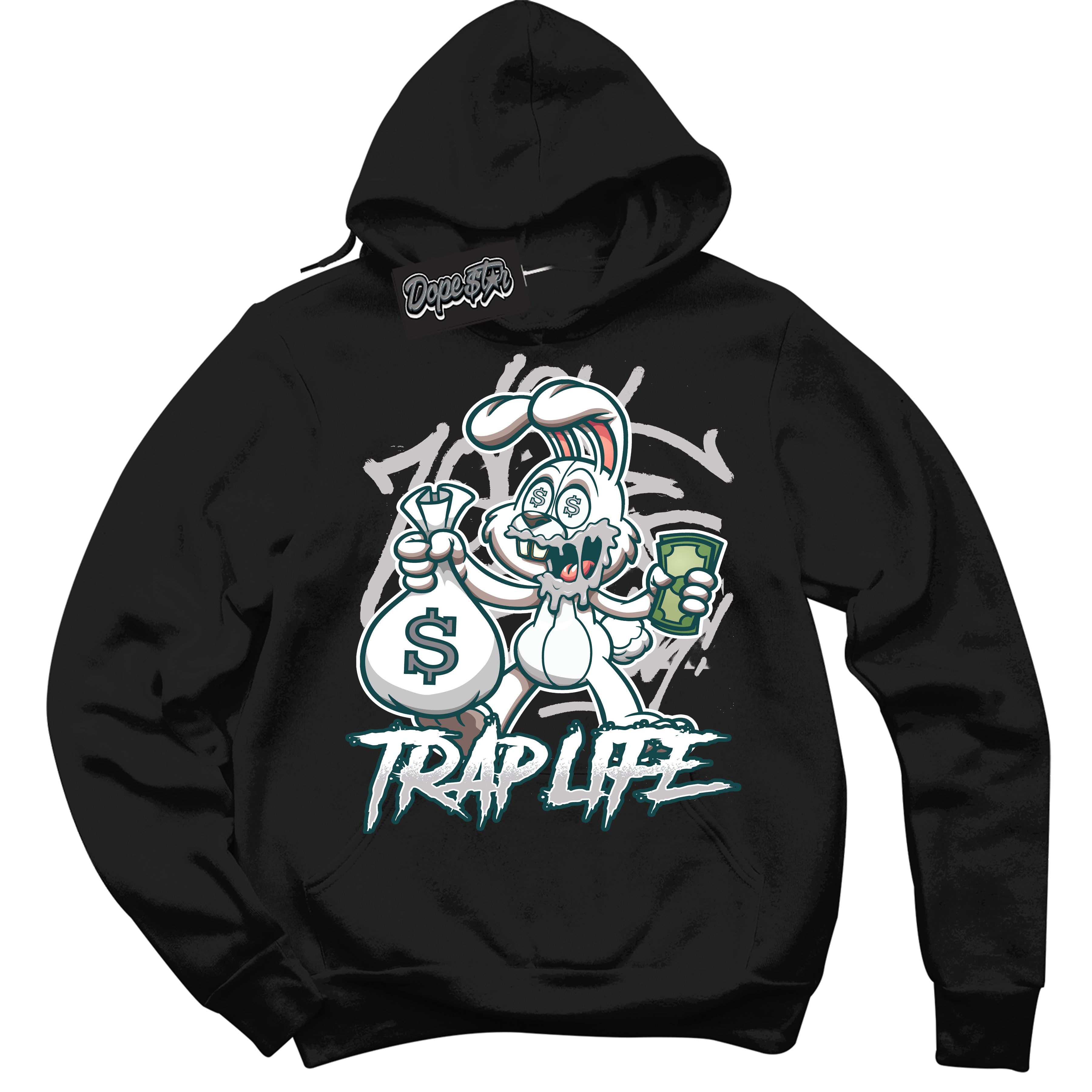 Cool Black Hoodie with “Trap Rabbit” design that Perfectly Matches Oxidized Green 1s Jordans.