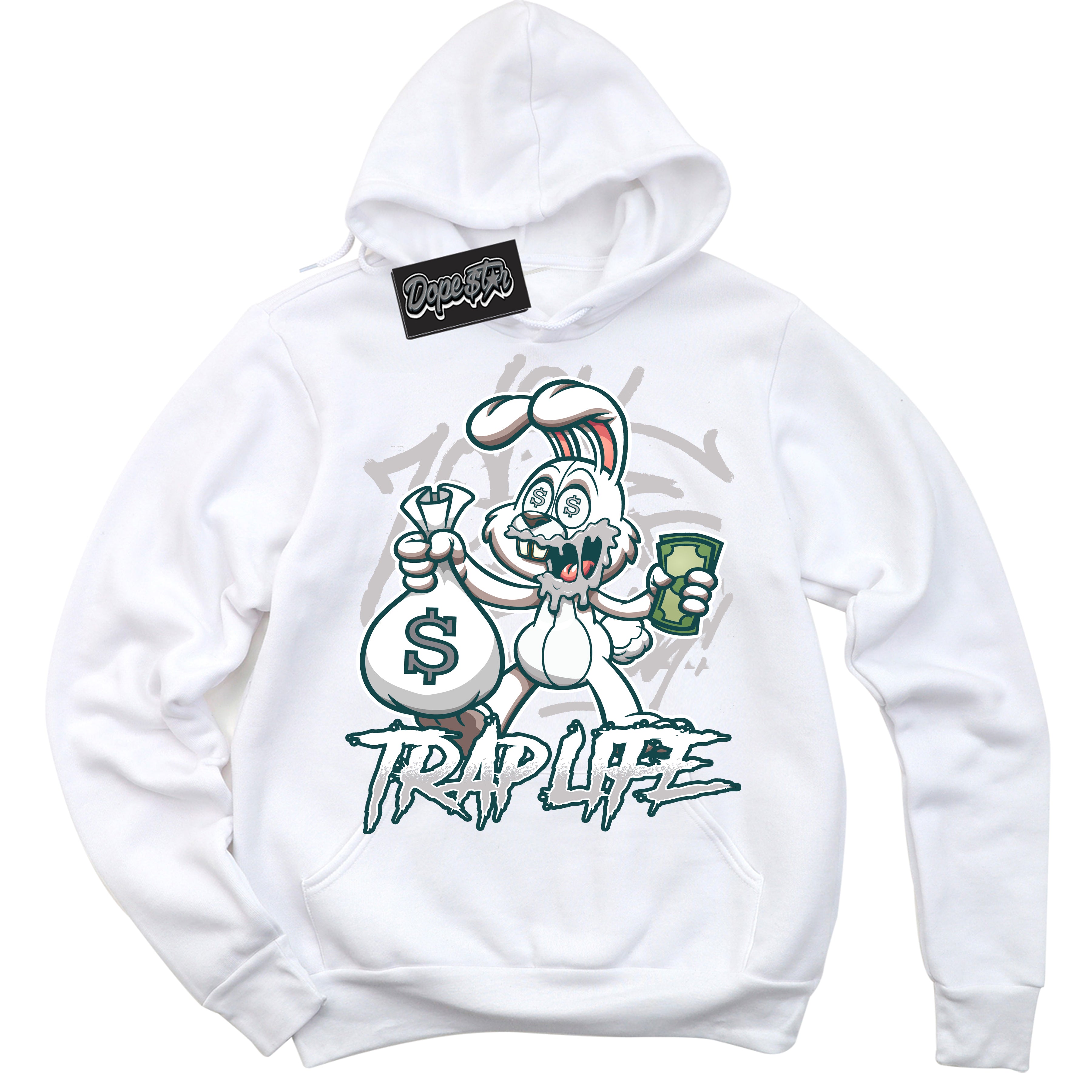 Cool White Hoodie with “Trap Rabbit” design that Perfectly Matches Oxidized Green 1s Jordans.