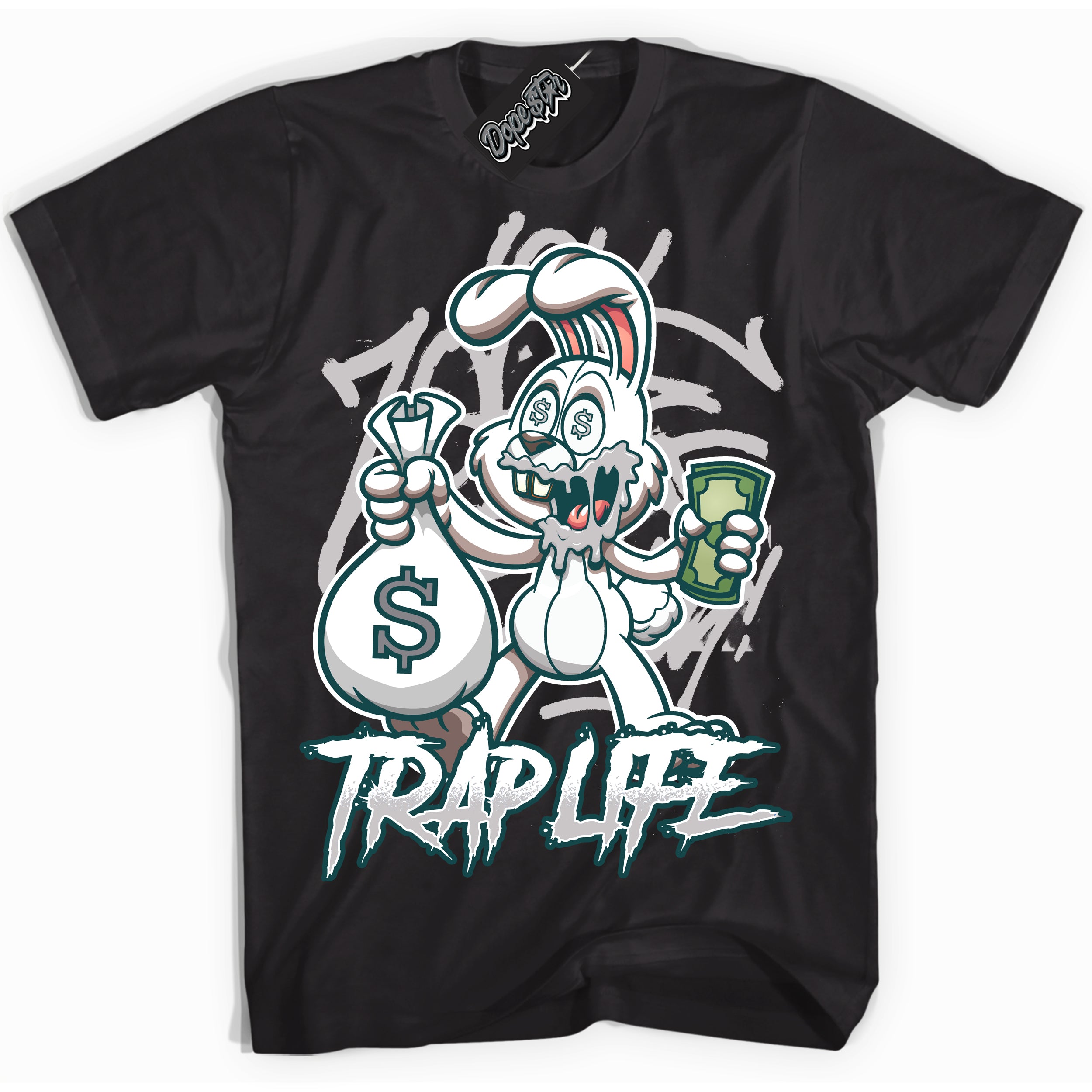 Cool Black Shirt with “Trap Rabbit” design that perfectly matches the Oxidized Green 1s Jordans.