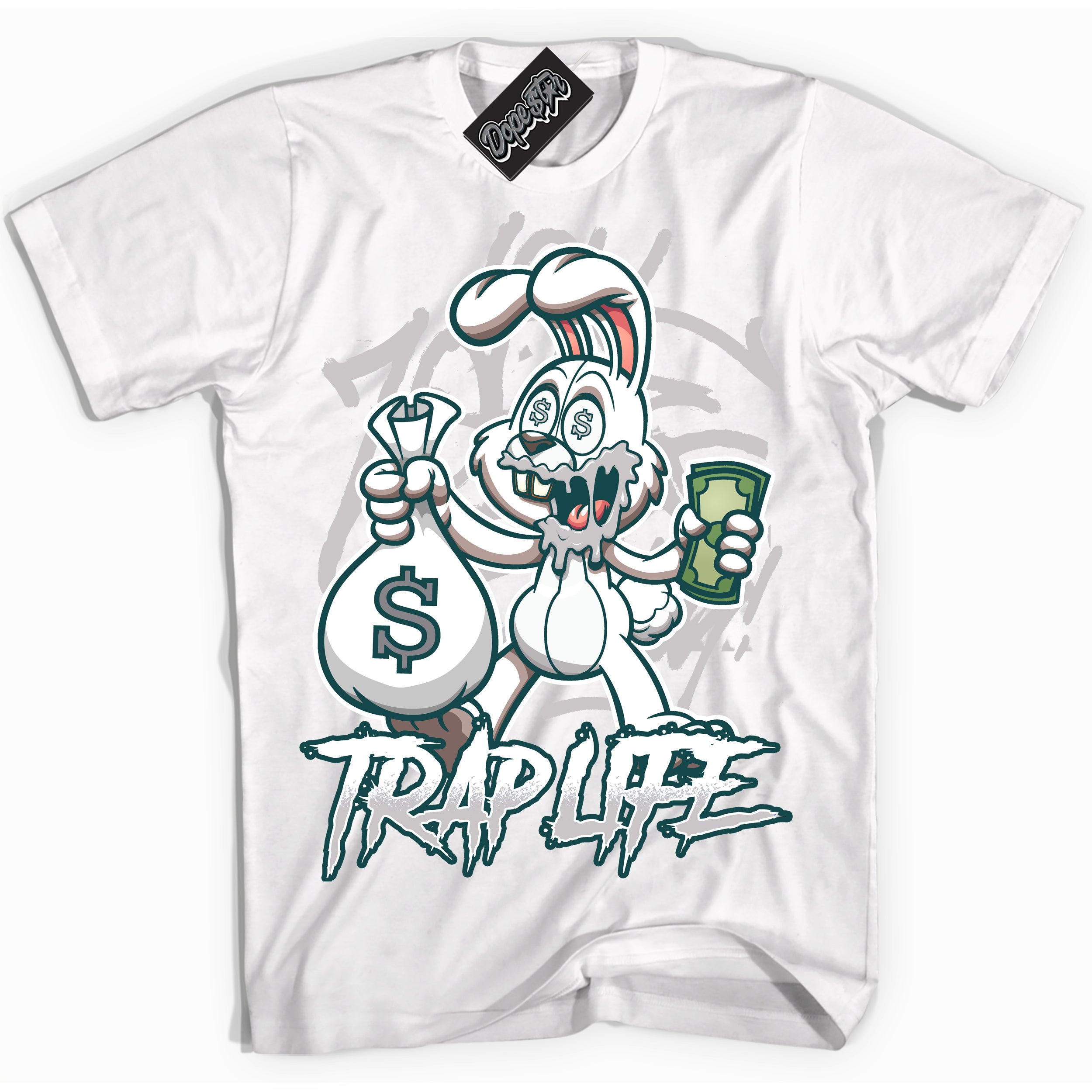 Cool White Shirt with “Trap Rabbit” design that perfectly matches the Oxidized Green 1s Jordans.