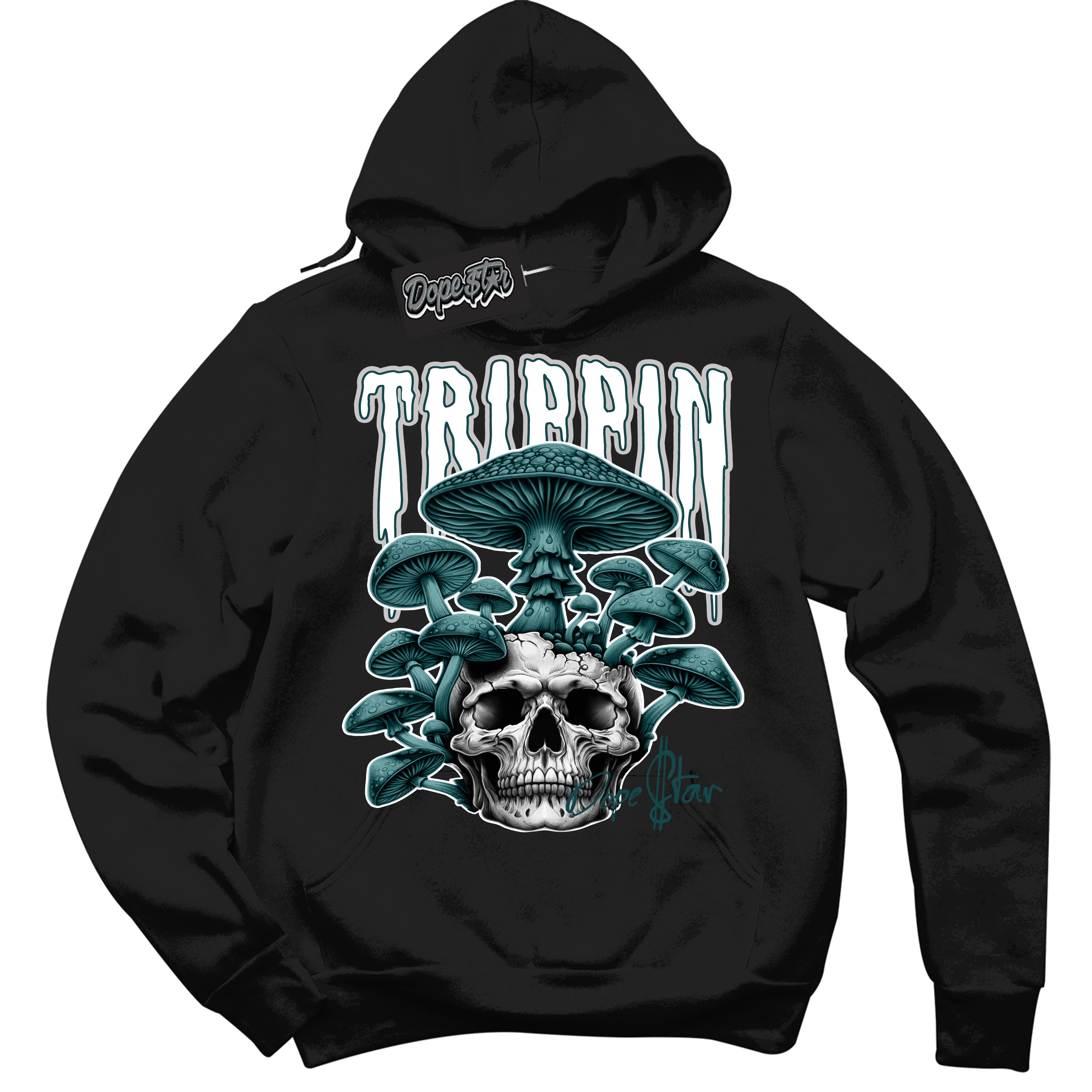 Cool Black Hoodie with “Trippin” design that Perfectly Matches Oxidized Green 1s Jordans.