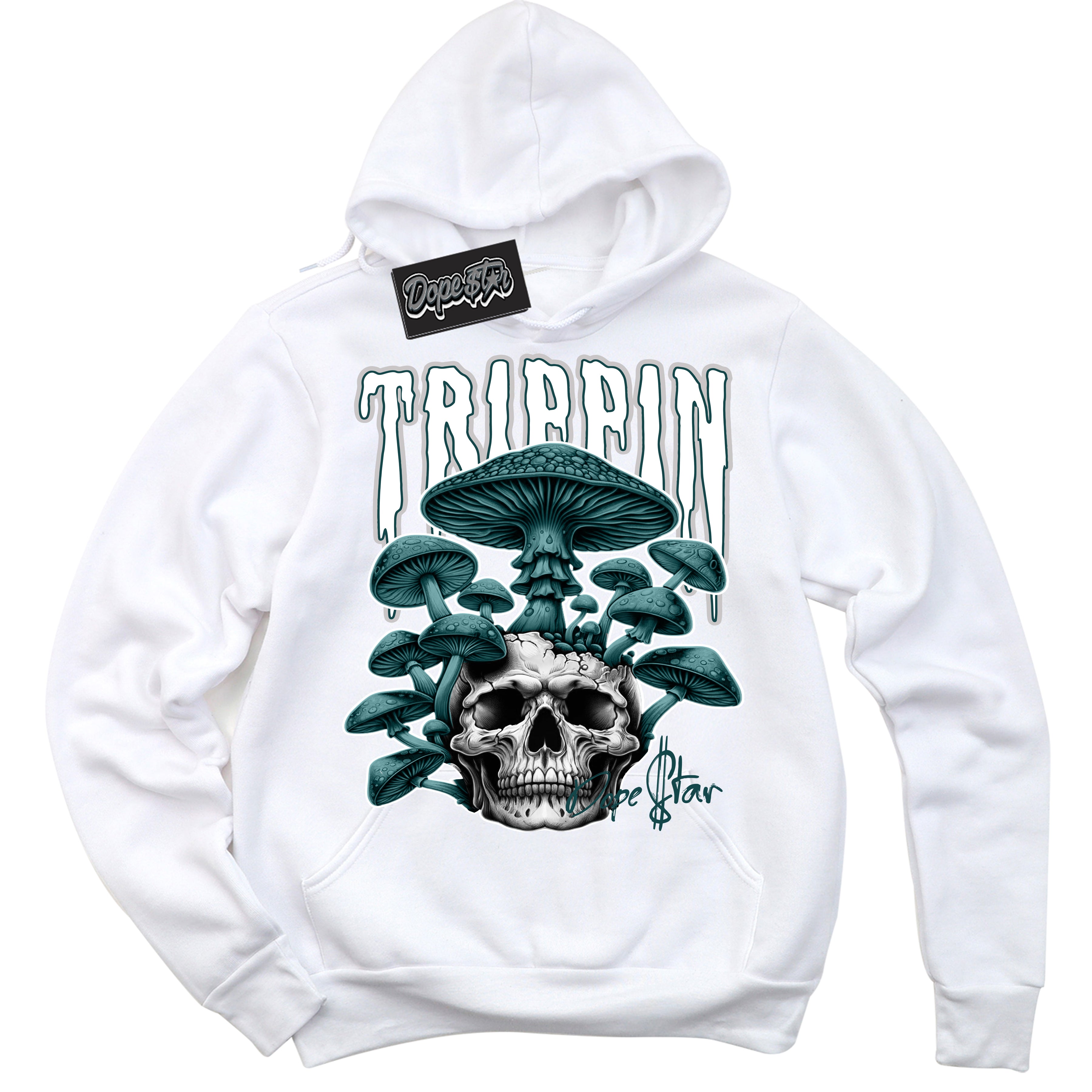 Cool White Hoodie with “Trippin” design that Perfectly Matches Oxidized Green 1s Jordans.