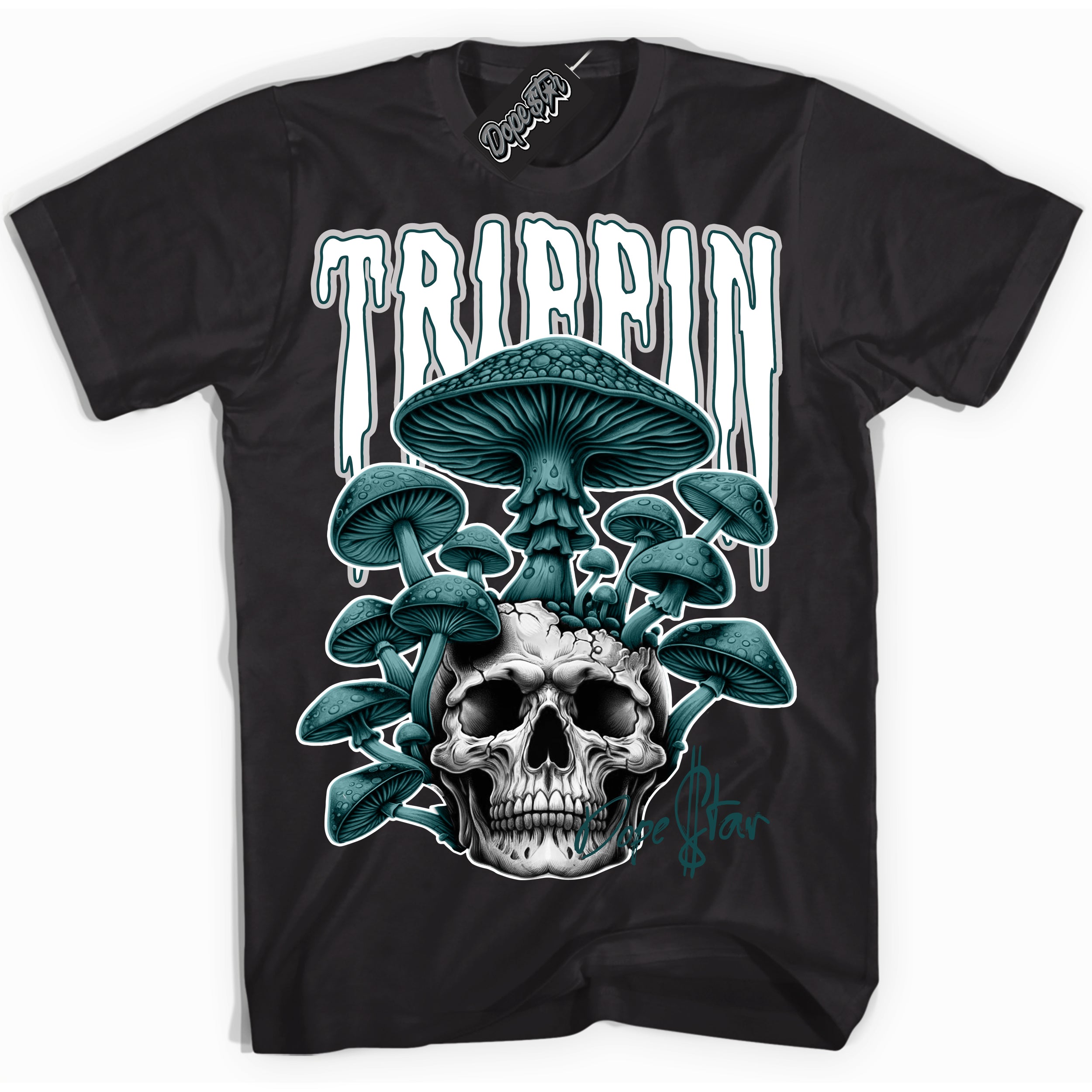 Cool Black Shirt with “Trippin” design that perfectly matches the Oxidized Green 1s Jordans.