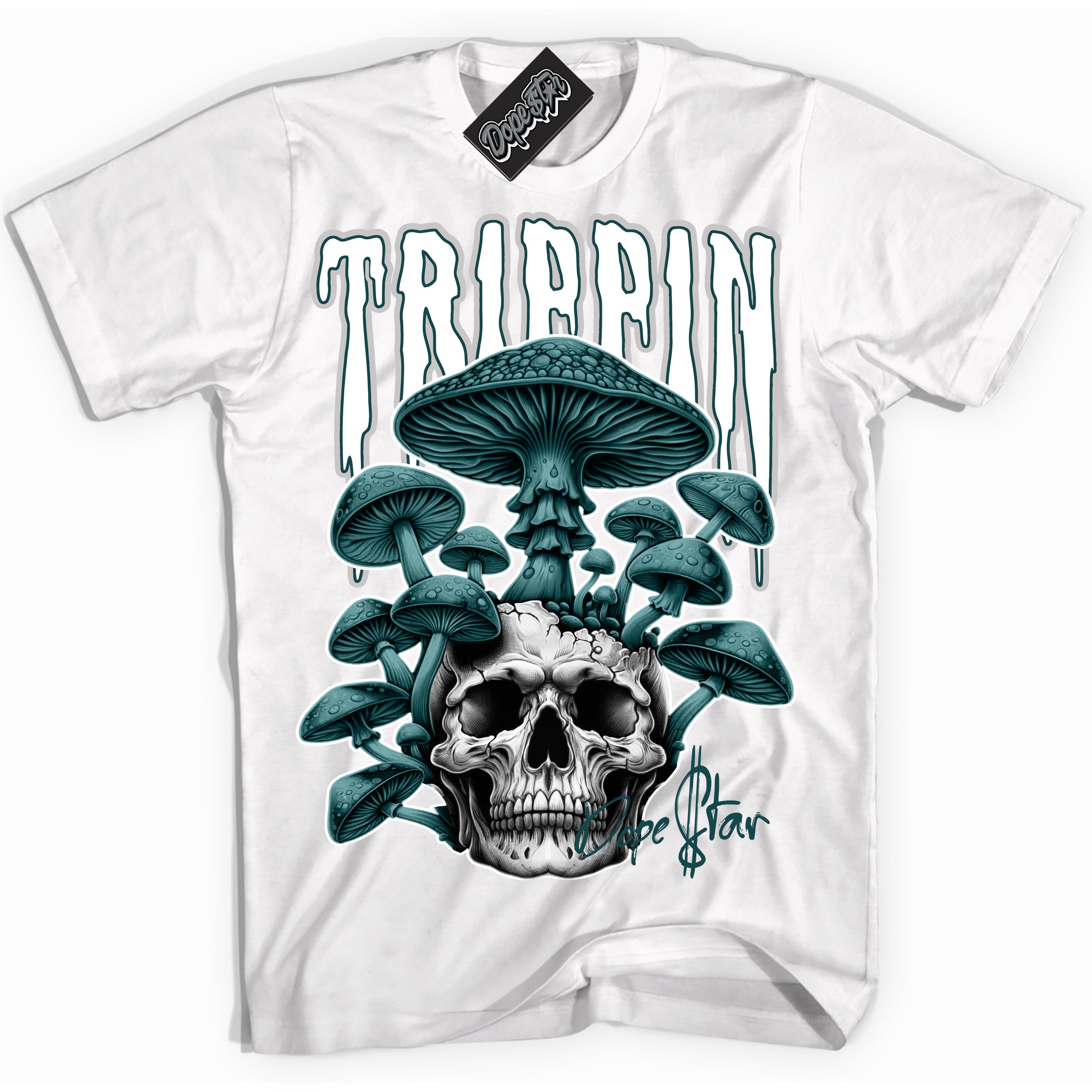 Cool White Shirt with “Trippin” design that perfectly matches the Oxidized Green 1s Jordans.