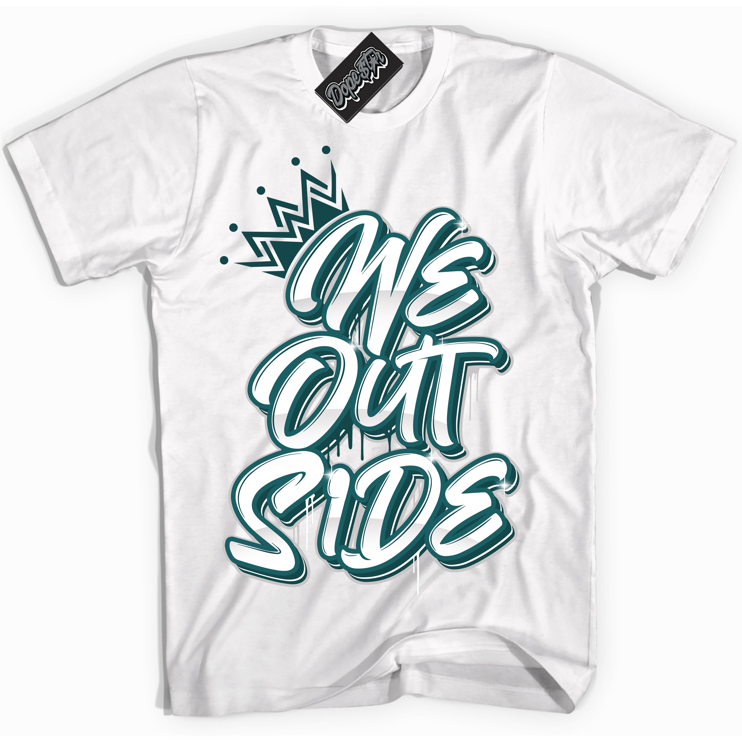 Cool White Shirt with “We Outside” design that perfectly matches the Oxidized Green 1s Jordans.