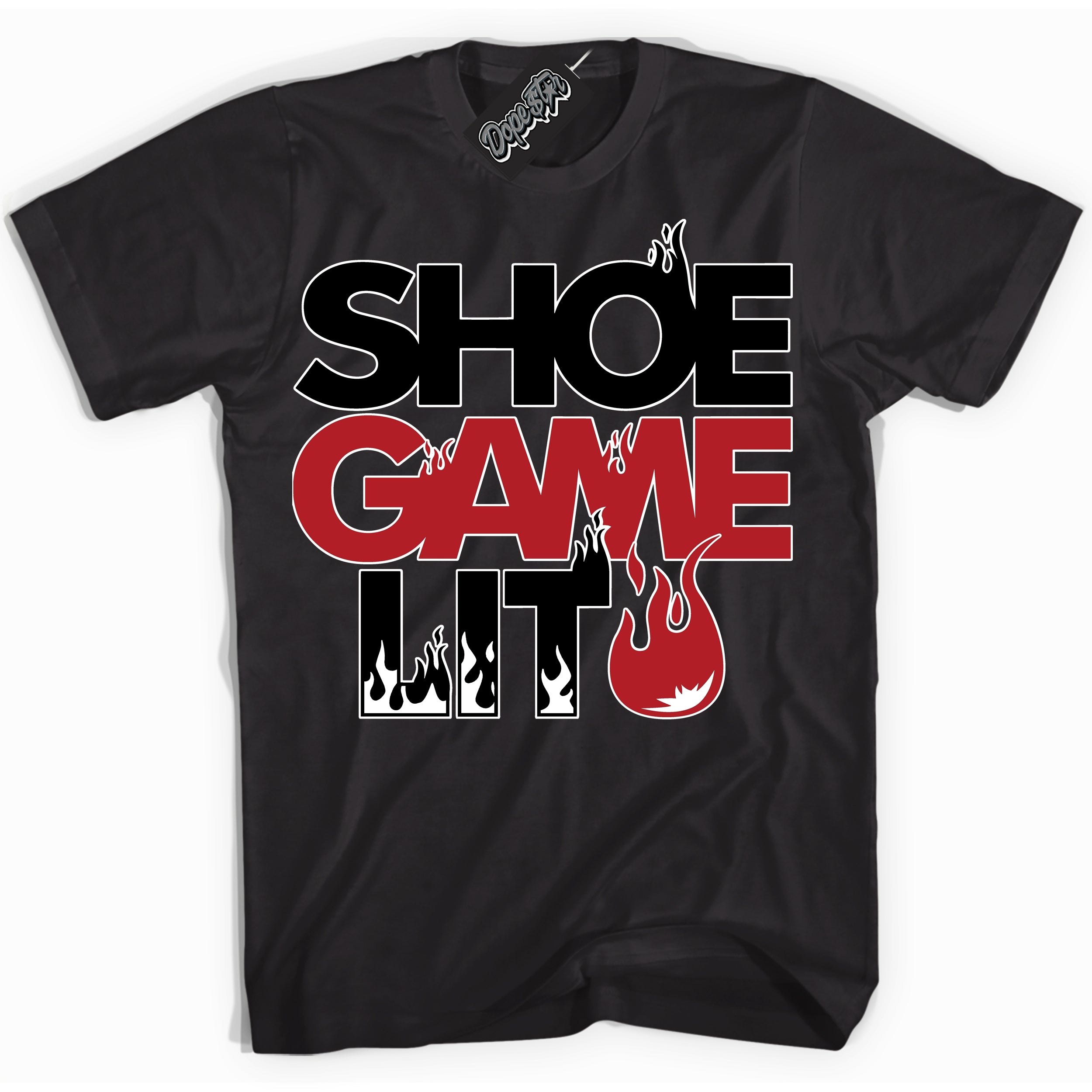 Cool Black Shirt with “ Shoe Game Lit ” design that perfectly matches Alternate Bred Toe 1s Sneakers.