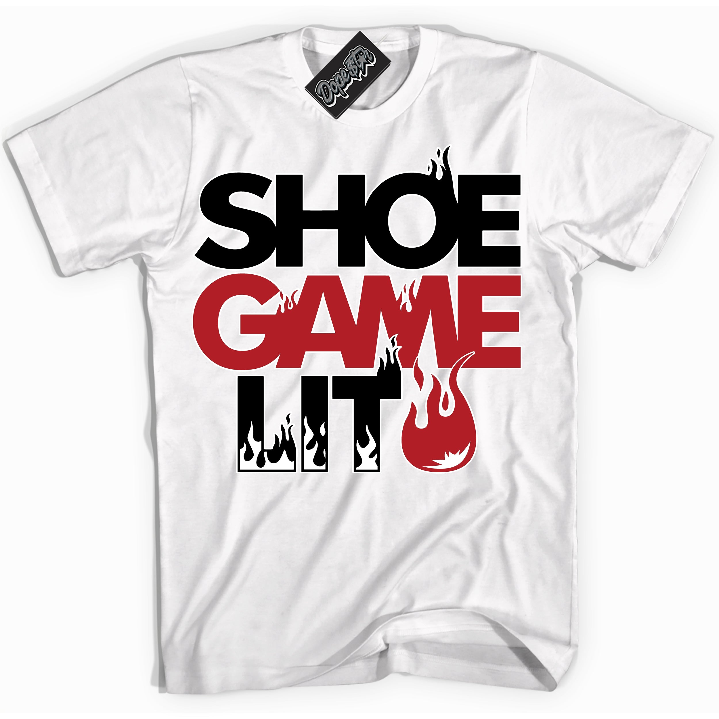 Cool White Shirt with “ Shoe Game Lit ” design that perfectly matches Alternate Bred Toe 1s Sneakers.