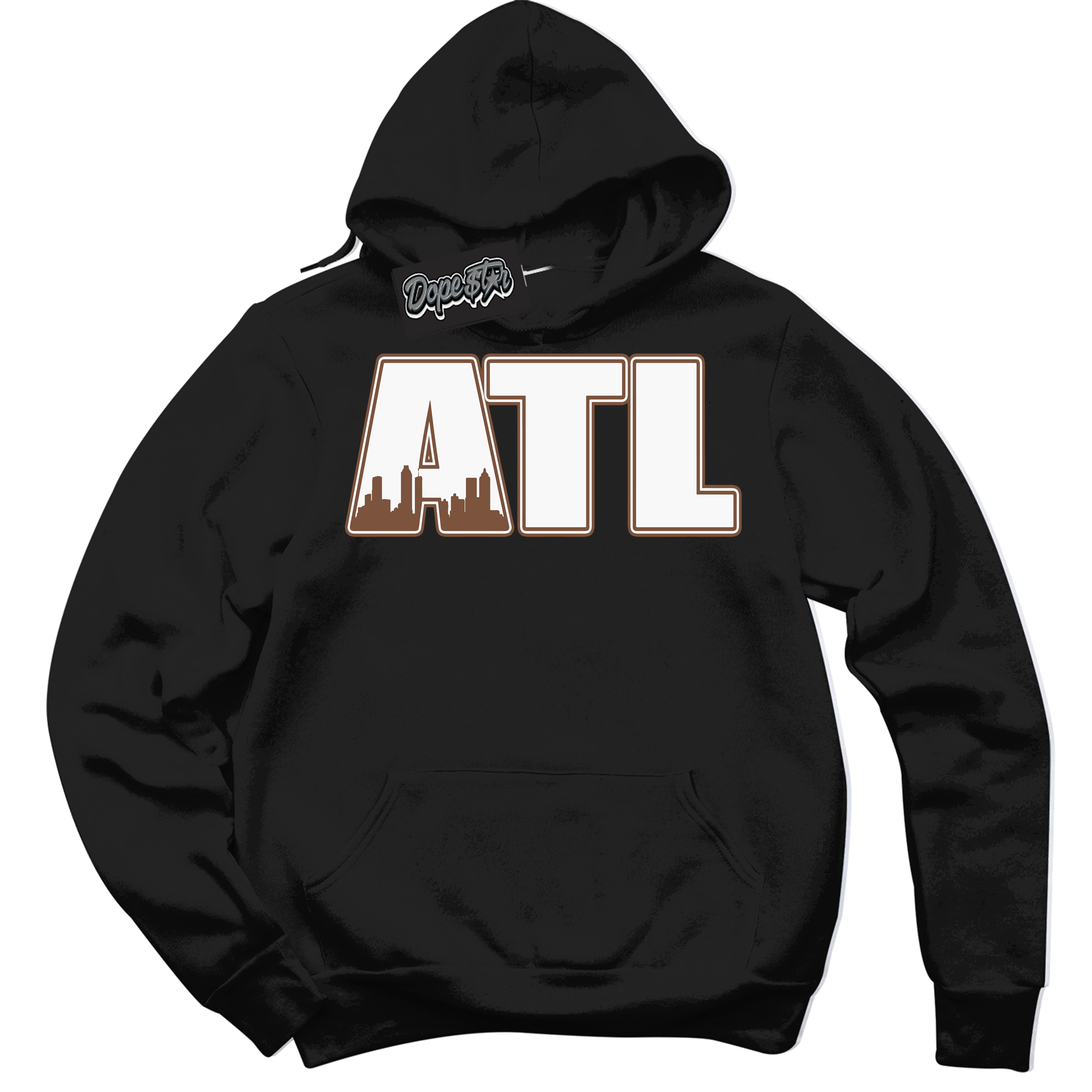 AJ1 Low Archaeo Brown White 'Atlanta' Hoodie- Black Streetwear Mockup | Sneakerhead Hoodie Matching Archaeo Brown White AJ1 Lows | Limited Edition Jordan 1 Low Archaeo Brown White hoodie for Men & Women | Drip with Your Archaeo Brown White 1s Kicks | Sneakerhead Fashion Must-Have.