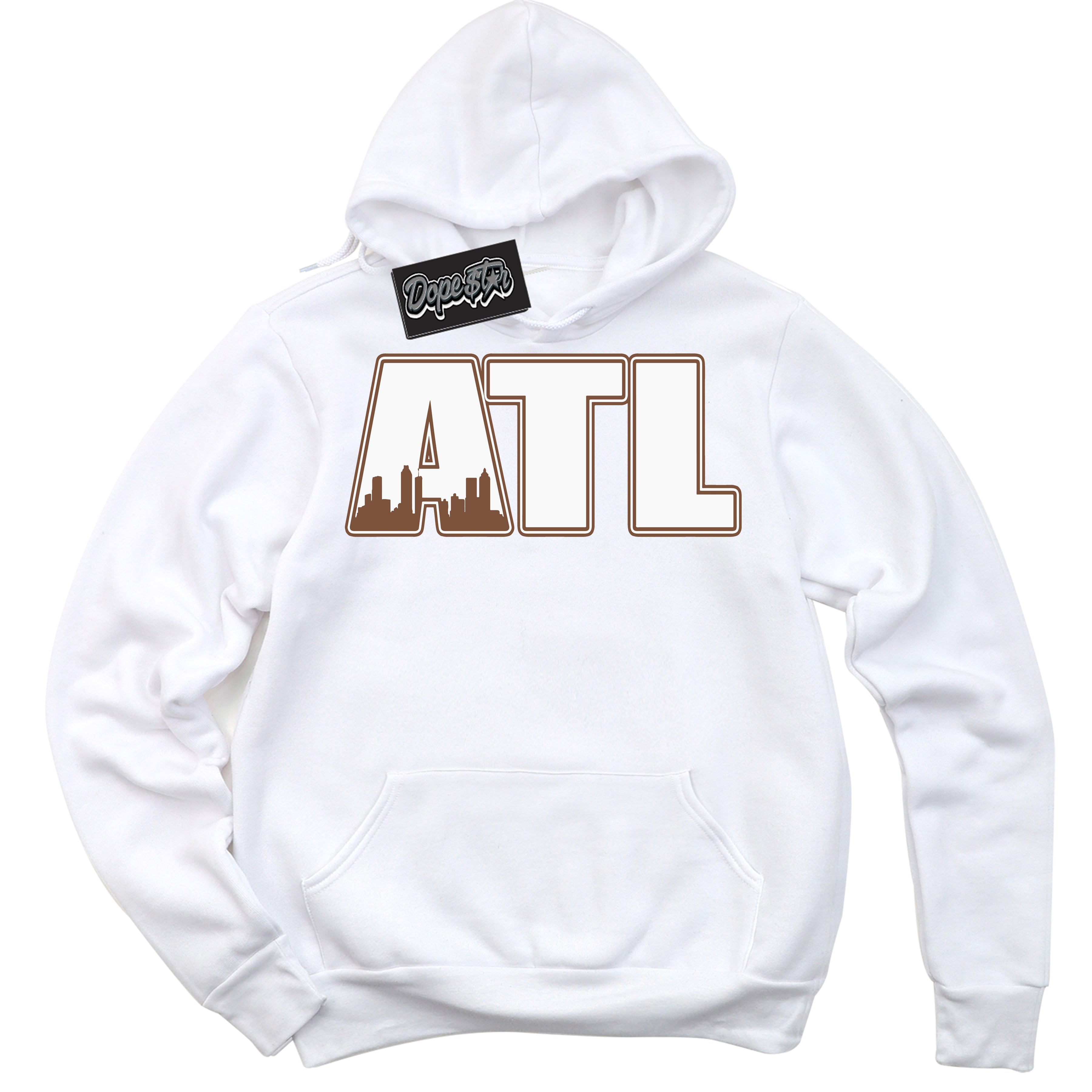 AJ1 Low Archaeo Brown White 'Atlanta' Hoodie- White Streetwear Mockup | Sneakerhead Hoodie Matching Archaeo Brown White AJ1 Lows | Limited Edition Jordan 1 Low Archaeo Brown White hoodie for Men & Women | Drip with Your Archaeo Brown White 1s Kicks | Sneakerhead Fashion Must-Have.