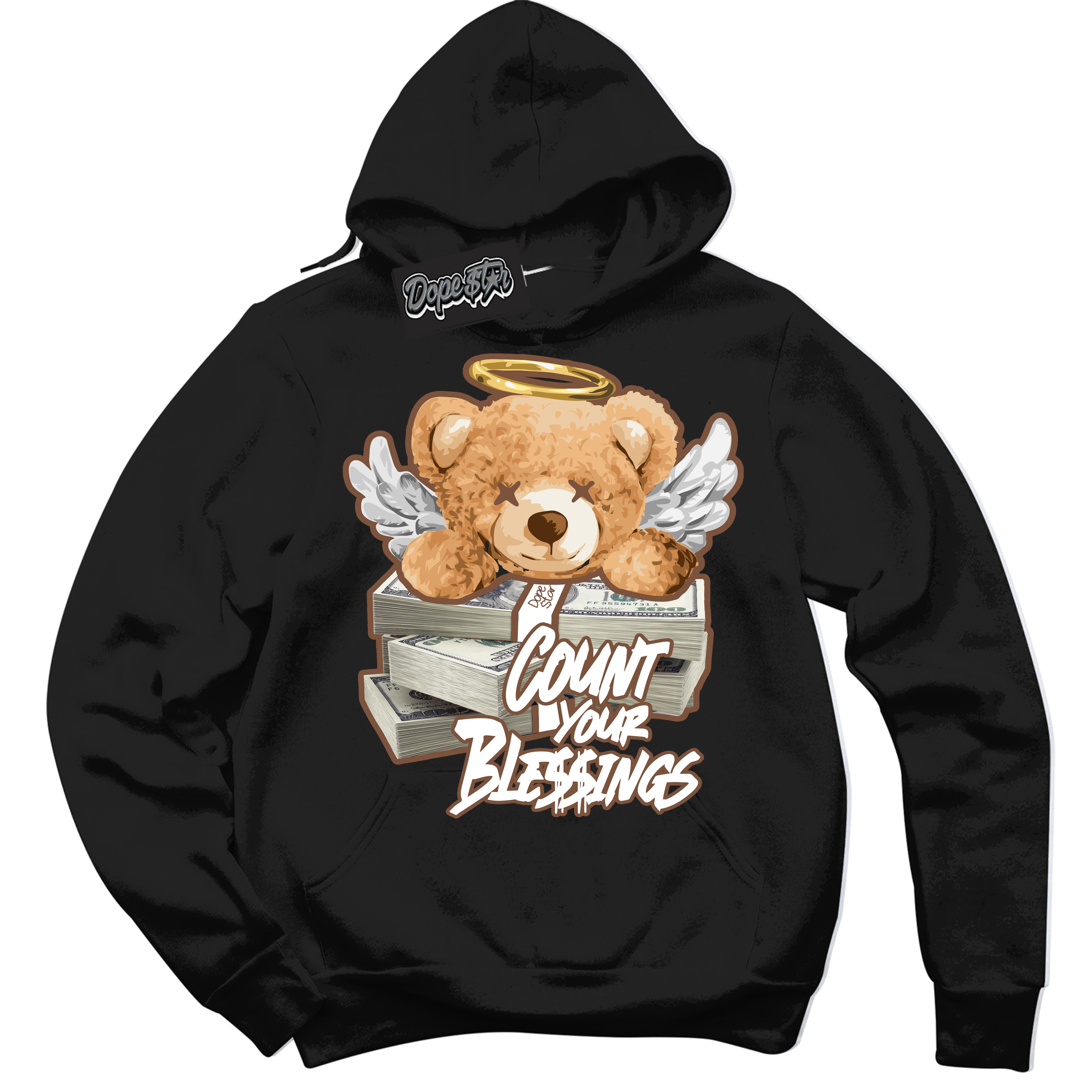 AJ1 Low Archaeo Brown White 'Count Your Blessings' Hoodie- Black Streetwear Mockup | Sneakerhead Hoodie Matching Archaeo Brown White AJ1 Lows | Limited Edition Jordan 1 Low Archaeo Brown White hoodie for Men & Women | Drip with Your Archaeo Brown White 1s Kicks | Sneakerhead Fashion Must-Have.