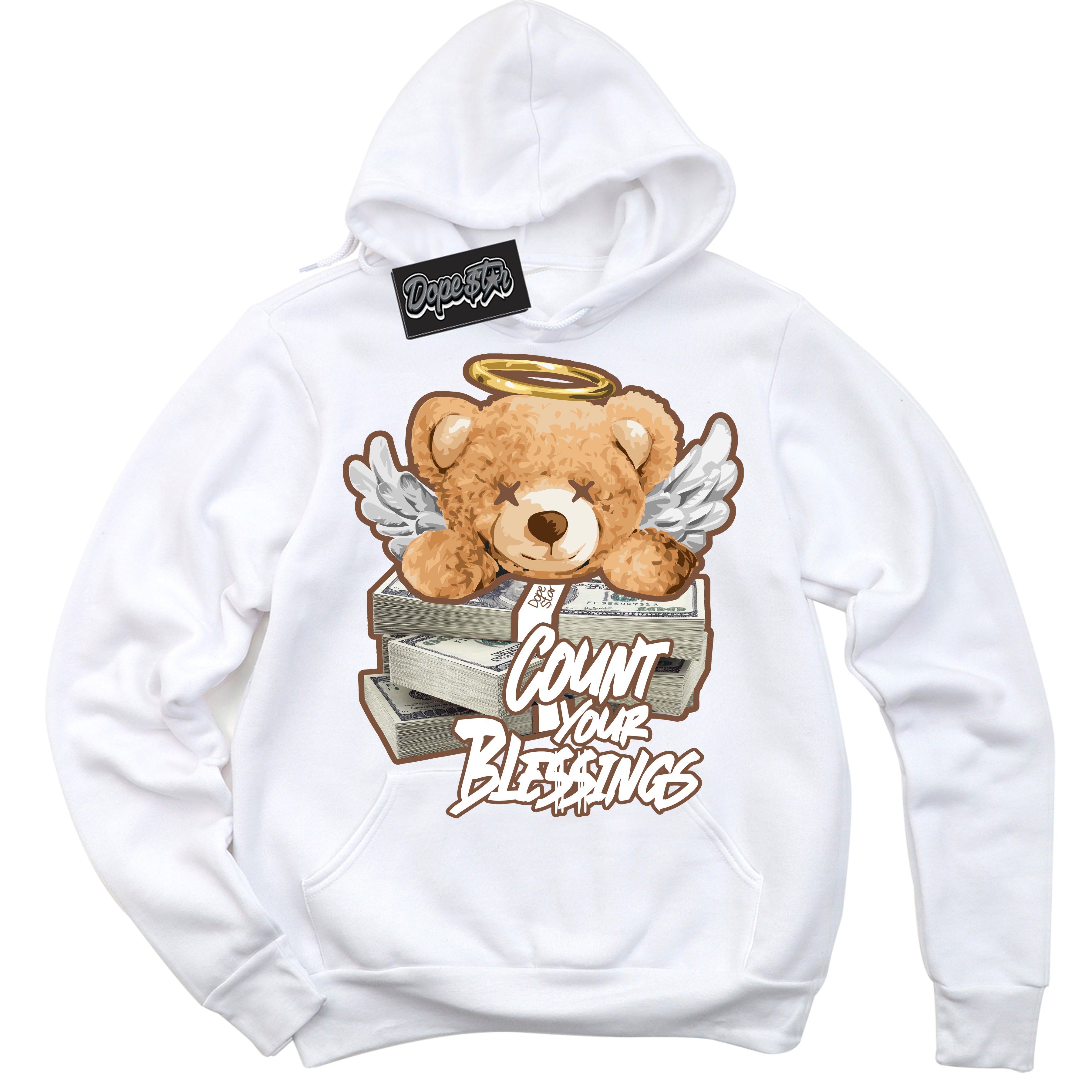 AJ1 Low Archaeo Brown White 'Count Your Blessings' Hoodie- White Streetwear Mockup | Sneakerhead Hoodie Matching Archaeo Brown White AJ1 Lows | Limited Edition Jordan 1 Low Archaeo Brown White hoodie for Men & Women | Drip with Your Archaeo Brown White 1s Kicks | Sneakerhead Fashion Must-Have.