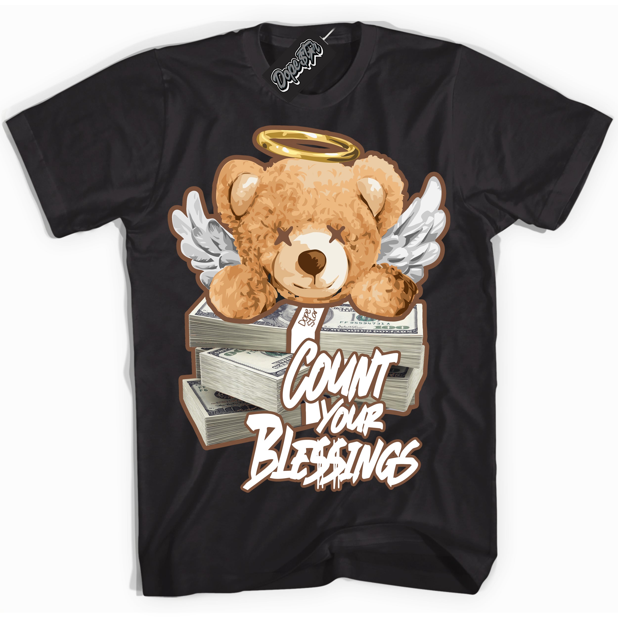 AJ1 Low Archaeo Brown White 'Count Your Blessings' Shirt - Black Streetwear Mockup | Sneakerhead T-shirt Matching Archaeo Brown White AJ1 Lows| Limited Edition Jordan 1 Low Archaeo Brown White Shirt for Men & Women | Drip with Your Archaeo Brown White 1s Kicks | Sneakerhead Fashion Must-Have.