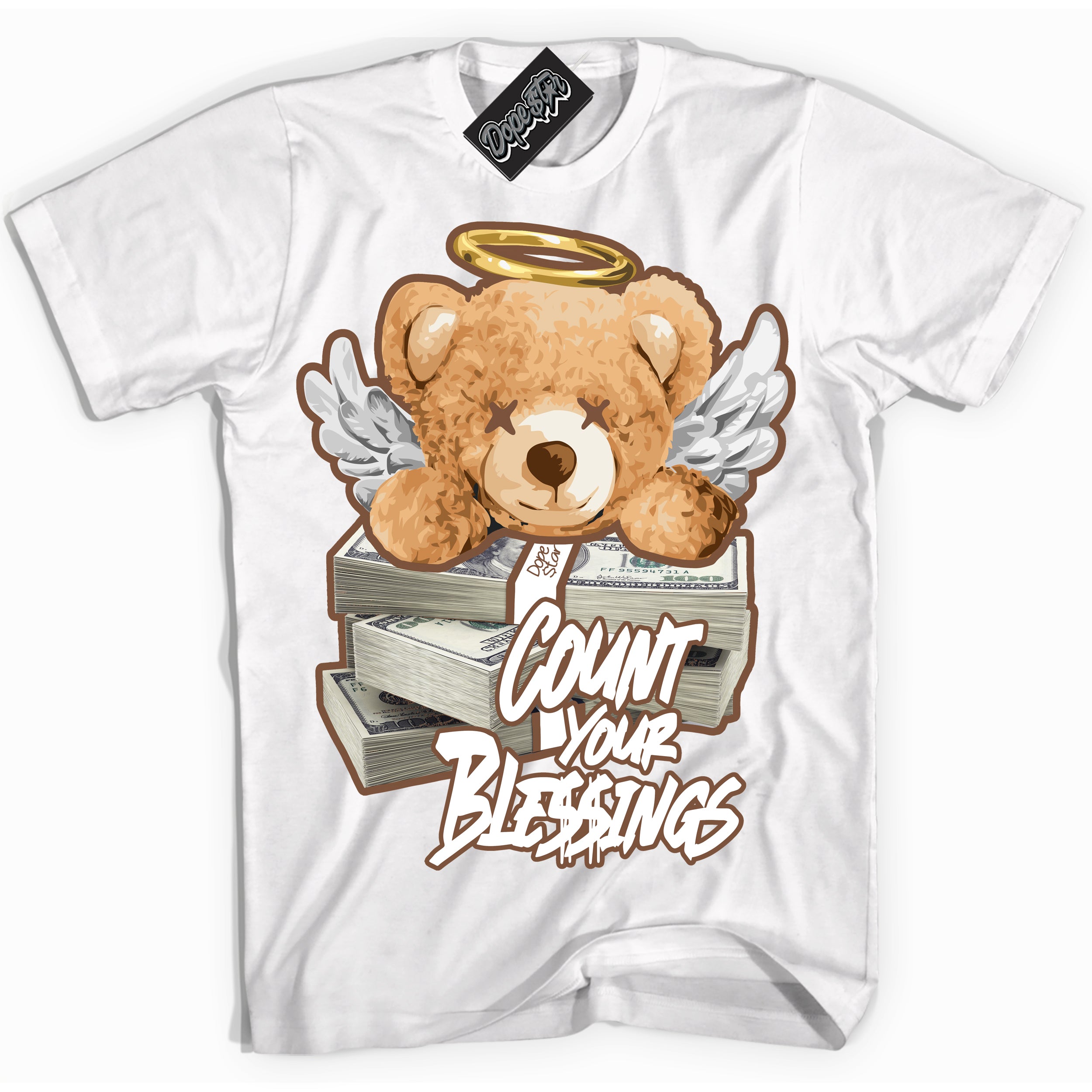 AJ1 Low Archaeo Brown White 'Count Your Blessings' Shirt - White Streetwear Mockup | Sneakerhead T-shirt Matching Archaeo Brown White AJ1 Lows | Limited Edition Jordan 1 Low Archaeo Brown White Shirt for Men & Women | Drip with Your Archaeo Brown White 1s Kicks | Sneakerhead Fashion Must-Have.