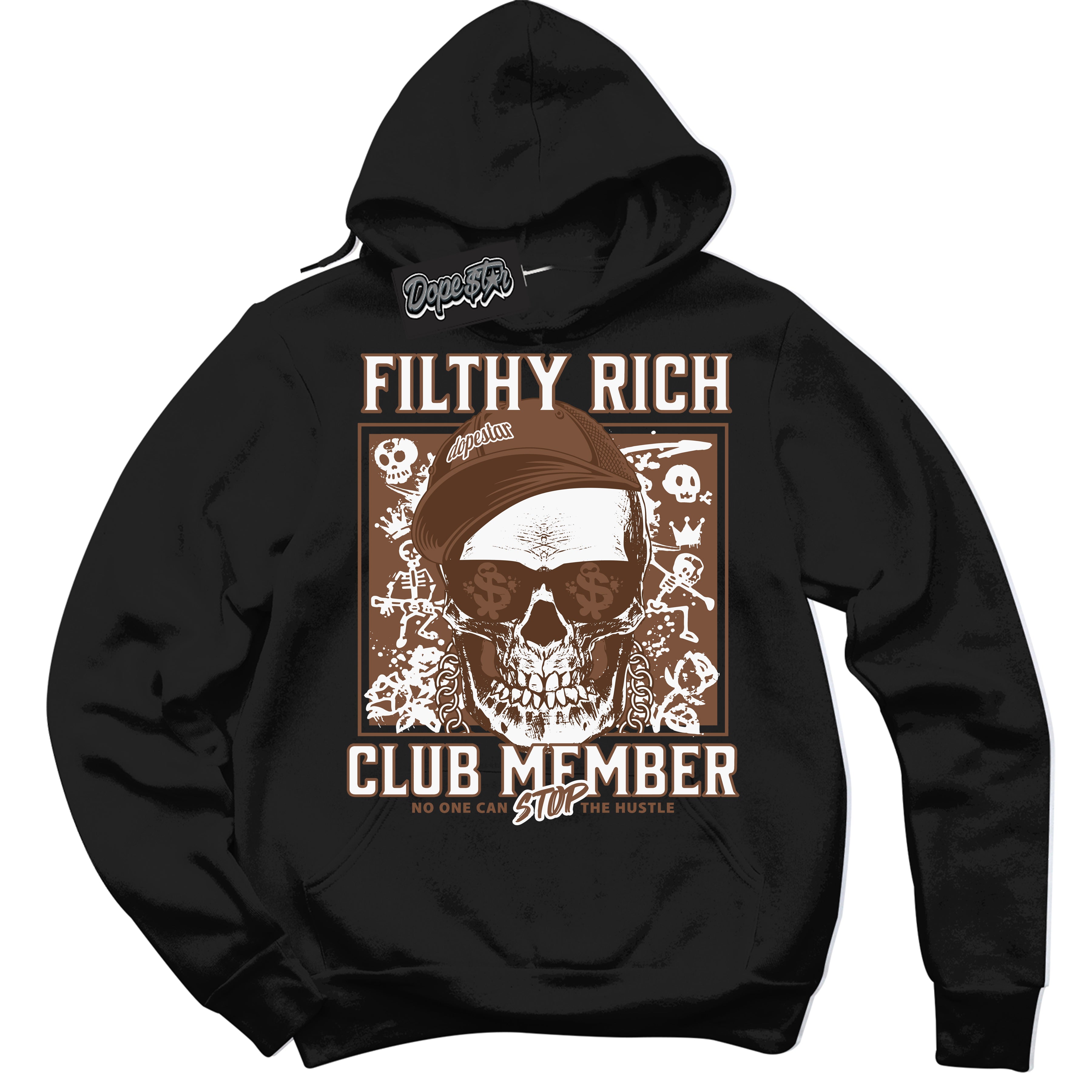 AJ1 Low Archaeo Brown White 'Filthy Rich' Hoodie- Black Streetwear Mockup | Sneakerhead Hoodie Matching Archaeo Brown White AJ1 Lows | Limited Edition Jordan 1 Low Archaeo Brown White hoodie for Men & Women | Drip with Your Archaeo Brown White 1s Kicks | Sneakerhead Fashion Must-Have.