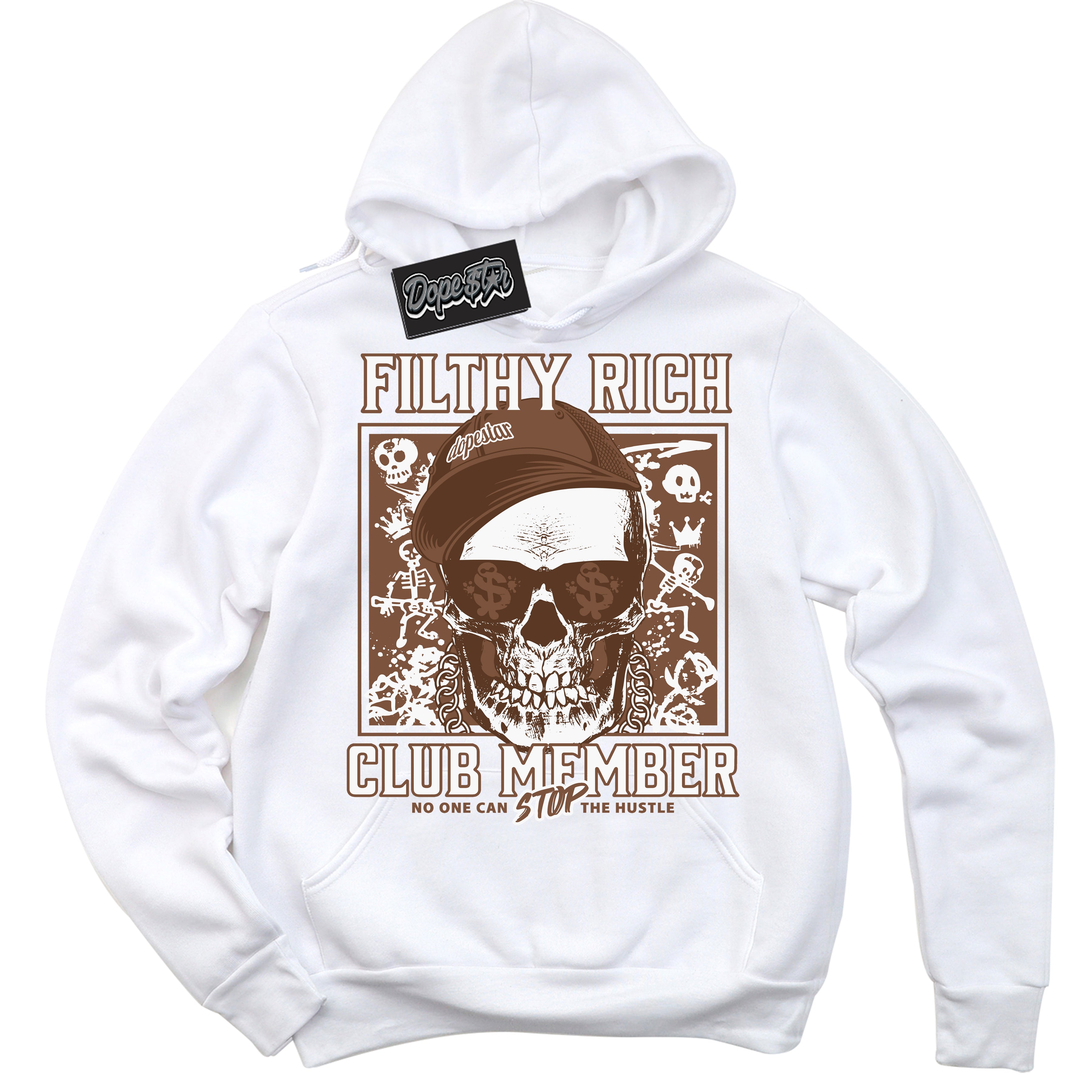 AJ1 Low Archaeo Brown White 'Filthy Rich' Hoodie- White Streetwear Mockup | Sneakerhead Hoodie Matching Archaeo Brown White AJ1 Lows | Limited Edition Jordan 1 Low Archaeo Brown White hoodie for Men & Women | Drip with Your Archaeo Brown White 1s Kicks | Sneakerhead Fashion Must-Have.