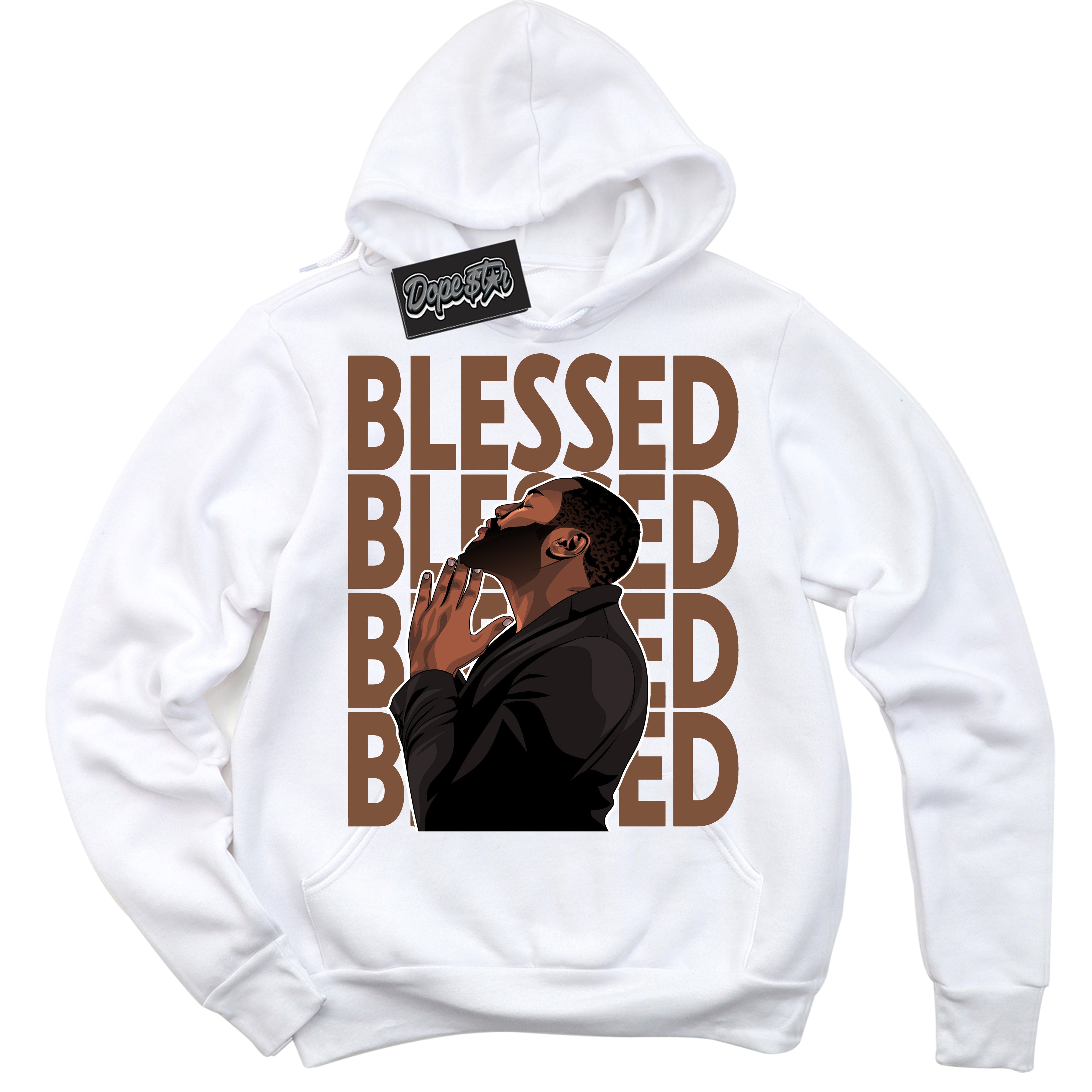 AJ1 Low Archaeo Brown White 'God Blessed' Hoodie- White Streetwear Mockup | Sneakerhead Hoodie Matching Archaeo Brown White AJ1 Lows | Limited Edition Jordan 1 Low Archaeo Brown White hoodie for Men & Women | Drip with Your Archaeo Brown White 1s Kicks | Sneakerhead Fashion Must-Have.