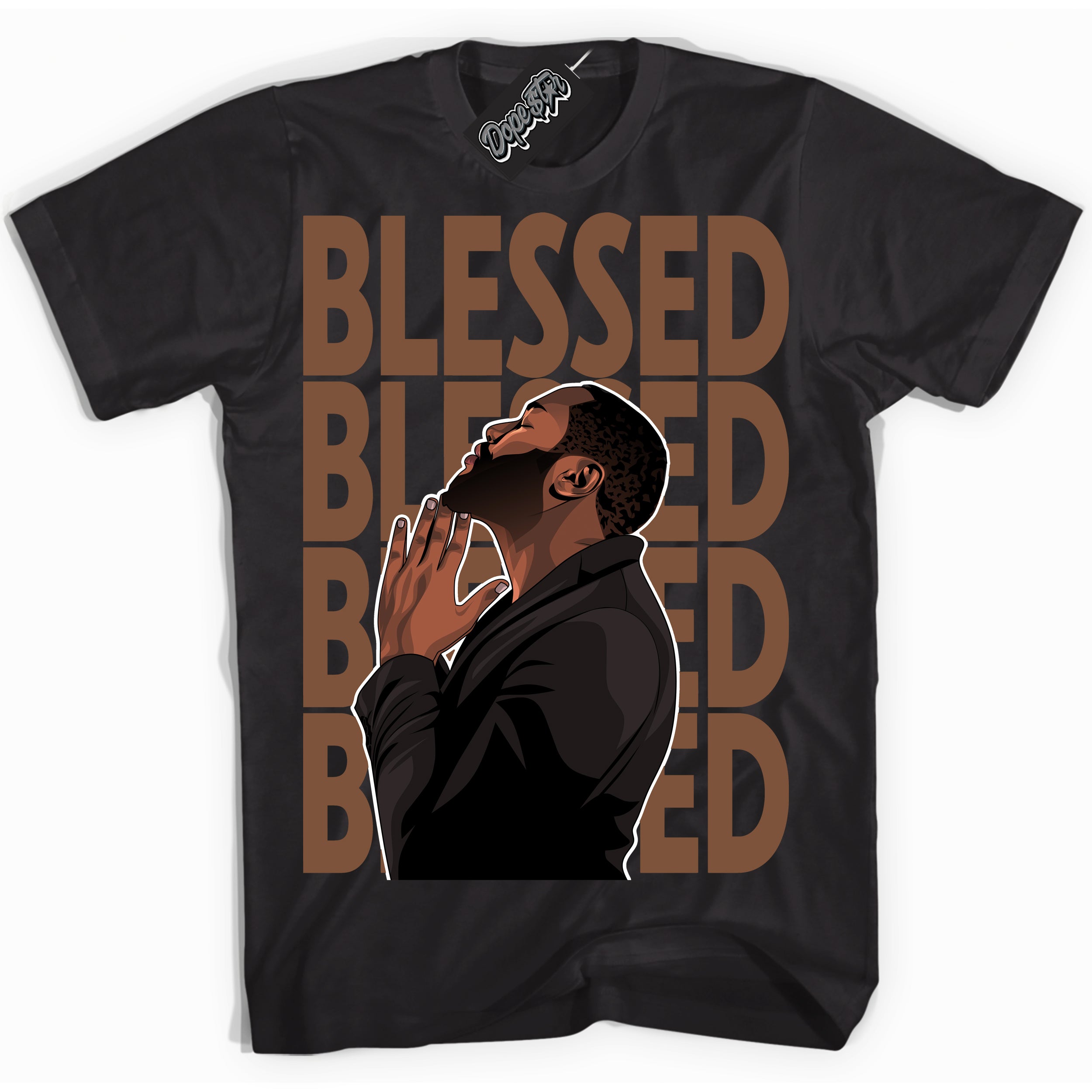 AJ1 Low Archaeo Brown White 'God Blessed' Shirt - Black Streetwear Mockup | Sneakerhead T-shirt Matching Archaeo Brown White AJ1 Lows| Limited Edition Jordan 1 Low Archaeo Brown White Shirt for Men & Women | Drip with Your Archaeo Brown White 1s Kicks | Sneakerhead Fashion Must-Have.