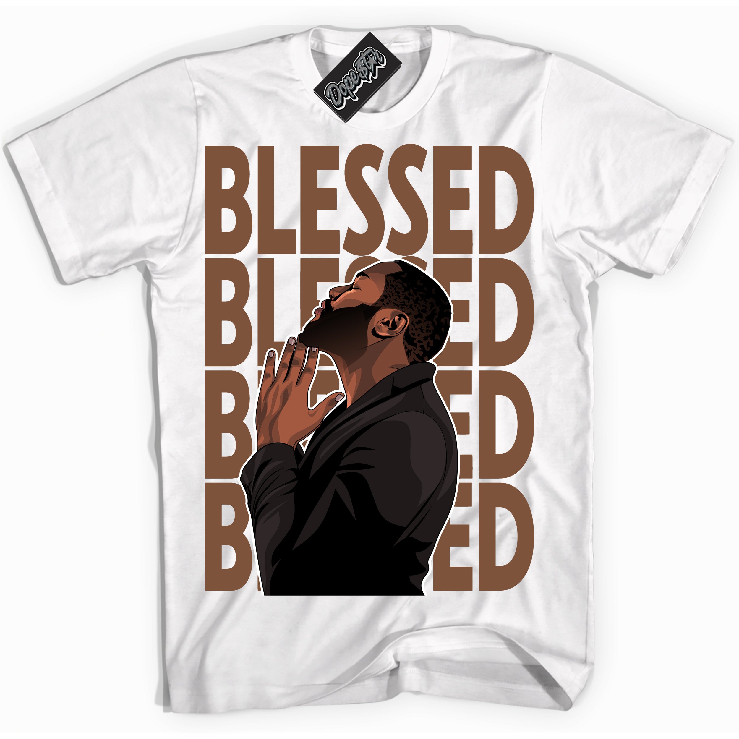 AJ1 Low Archaeo Brown White 'God Blessed' Shirt - White Streetwear Mockup | Sneakerhead T-shirt Matching Archaeo Brown White AJ1 Lows | Limited Edition Jordan 1 Low Archaeo Brown White Shirt for Men & Women | Drip with Your Archaeo Brown White 1s Kicks | Sneakerhead Fashion Must-Have.