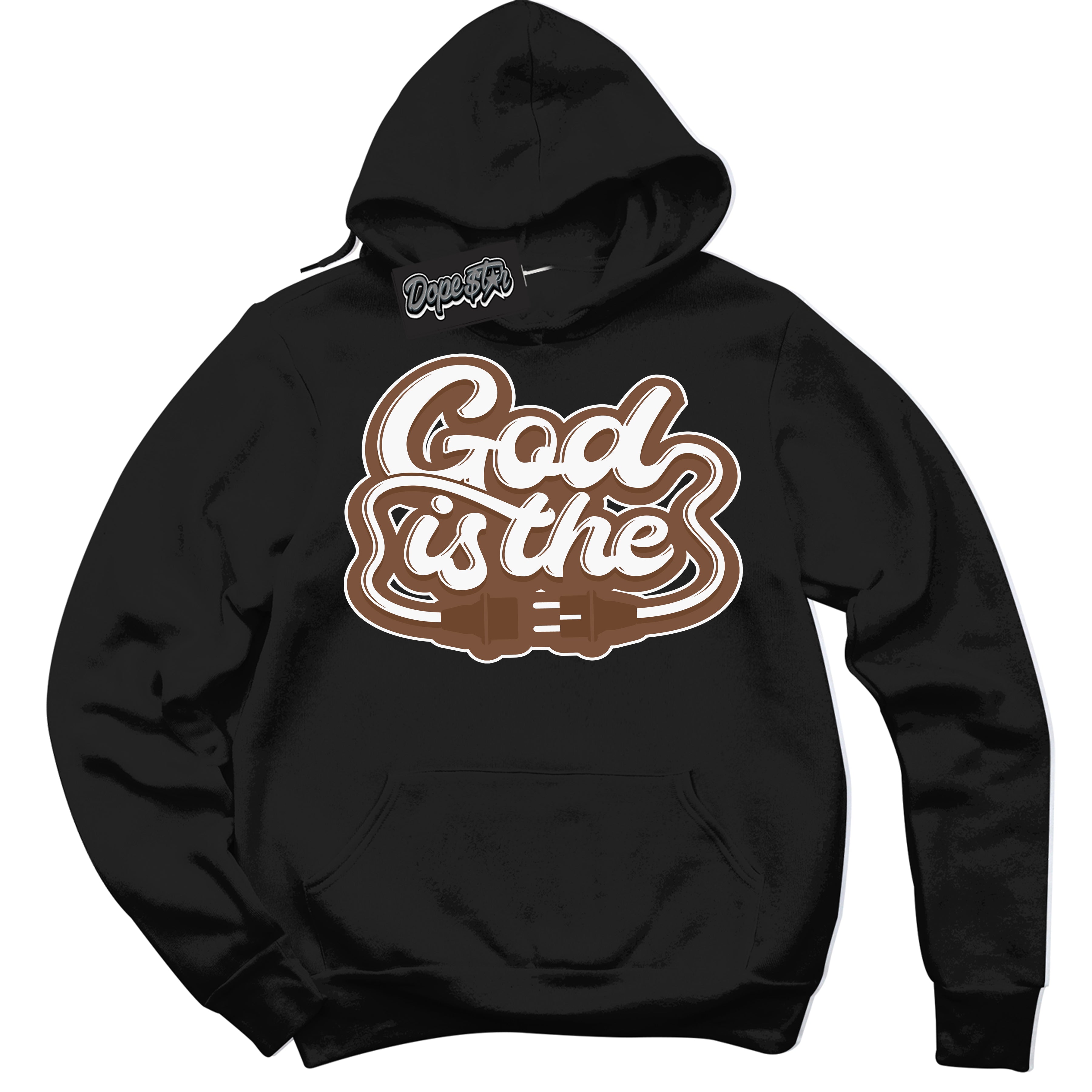 AJ1 Low Archaeo Brown White 'God Is The' Hoodie- Black Streetwear Mockup | Sneakerhead Hoodie Matching Archaeo Brown White AJ1 Lows | Limited Edition Jordan 1 Low Archaeo Brown White hoodie for Men & Women | Drip with Your Archaeo Brown White 1s Kicks | Sneakerhead Fashion Must-Have.