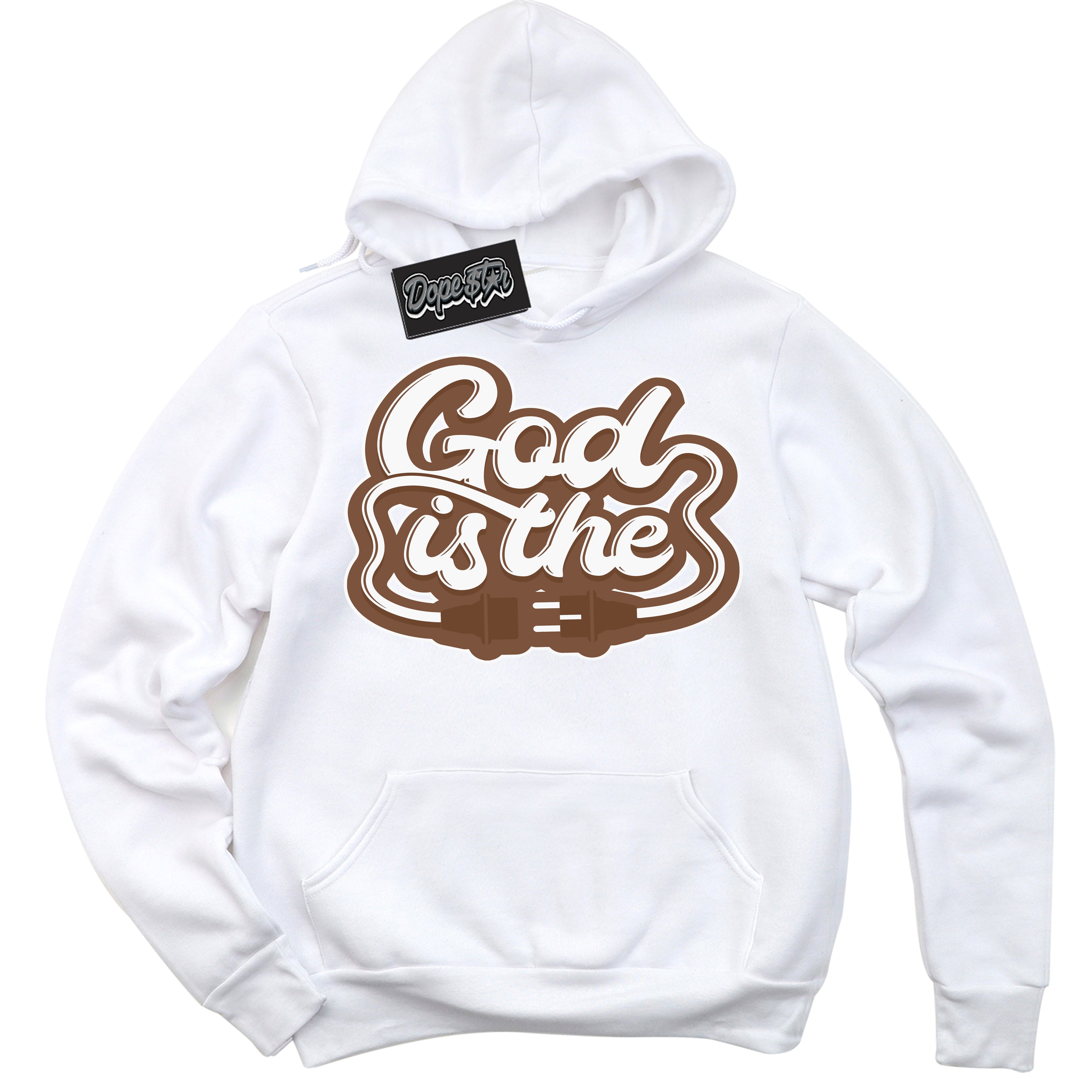 AJ1 Low Archaeo Brown White 'God Is The' Hoodie- White Streetwear Mockup | Sneakerhead Hoodie Matching Archaeo Brown White AJ1 Lows | Limited Edition Jordan 1 Low Archaeo Brown White hoodie for Men & Women | Drip with Your Archaeo Brown White 1s Kicks | Sneakerhead Fashion Must-Have.