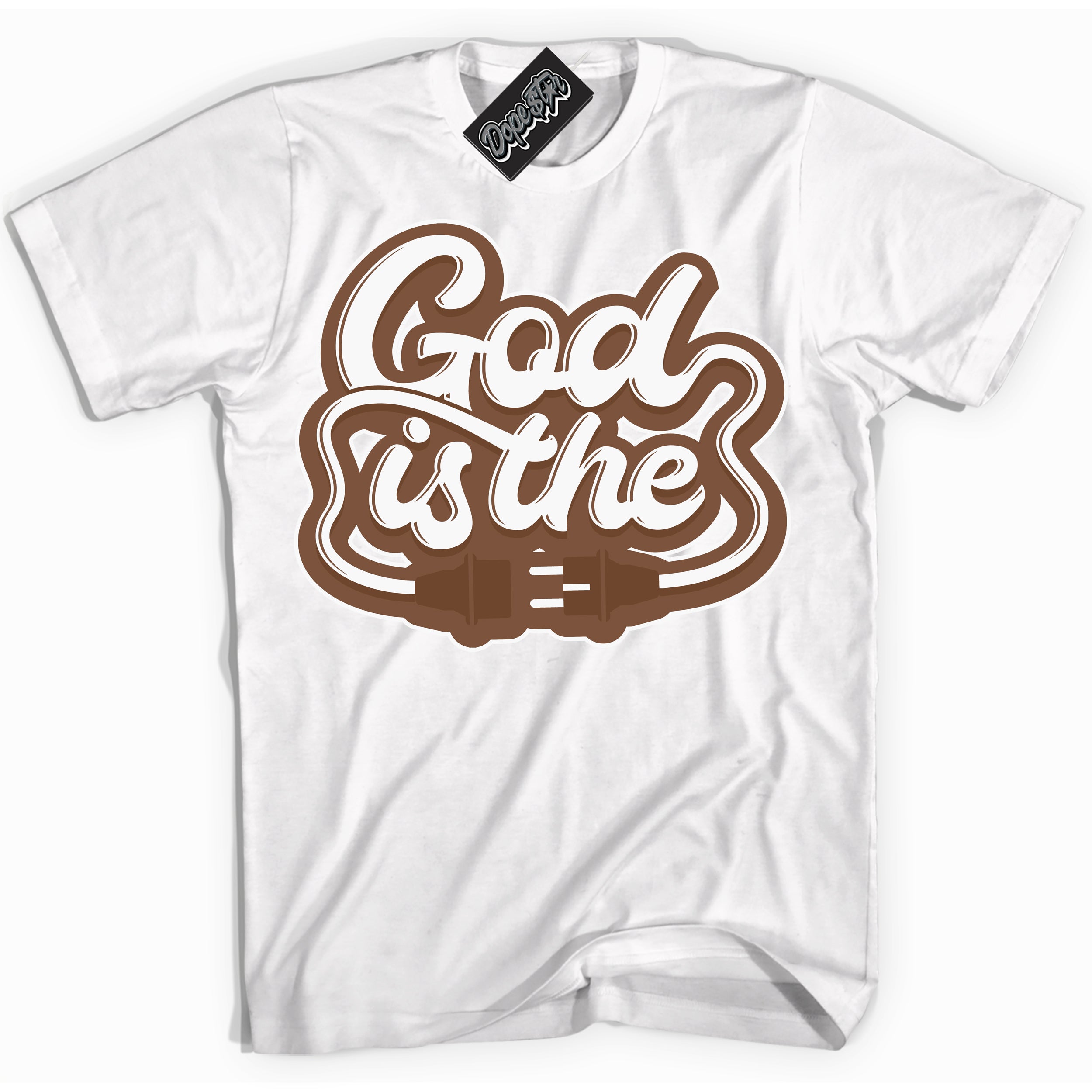 AJ1 Low Archaeo Brown White 'God Is The' Shirt - White Streetwear Mockup | Sneakerhead T-shirt Matching Archaeo Brown White AJ1 Lows | Limited Edition Jordan 1 Low Archaeo Brown White Shirt for Men & Women | Drip with Your Archaeo Brown White 1s Kicks | Sneakerhead Fashion Must-Have.