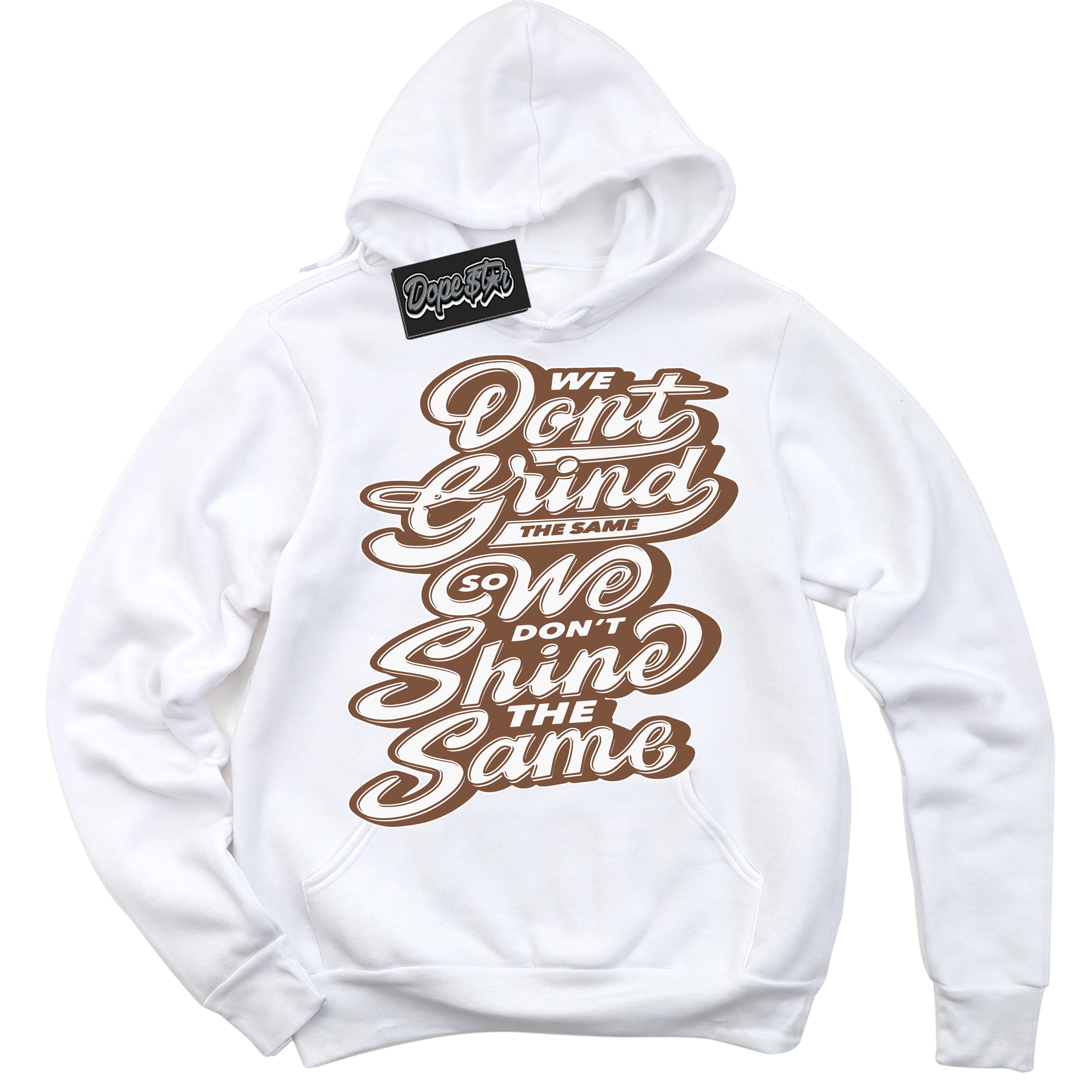 AJ1 Low Archaeo Brown White 'Grind Shine' Hoodie- White Streetwear Mockup | Sneakerhead Hoodie Matching Archaeo Brown White AJ1 Lows | Limited Edition Jordan 1 Low Archaeo Brown White hoodie for Men & Women | Drip with Your Archaeo Brown White 1s Kicks | Sneakerhead Fashion Must-Have.