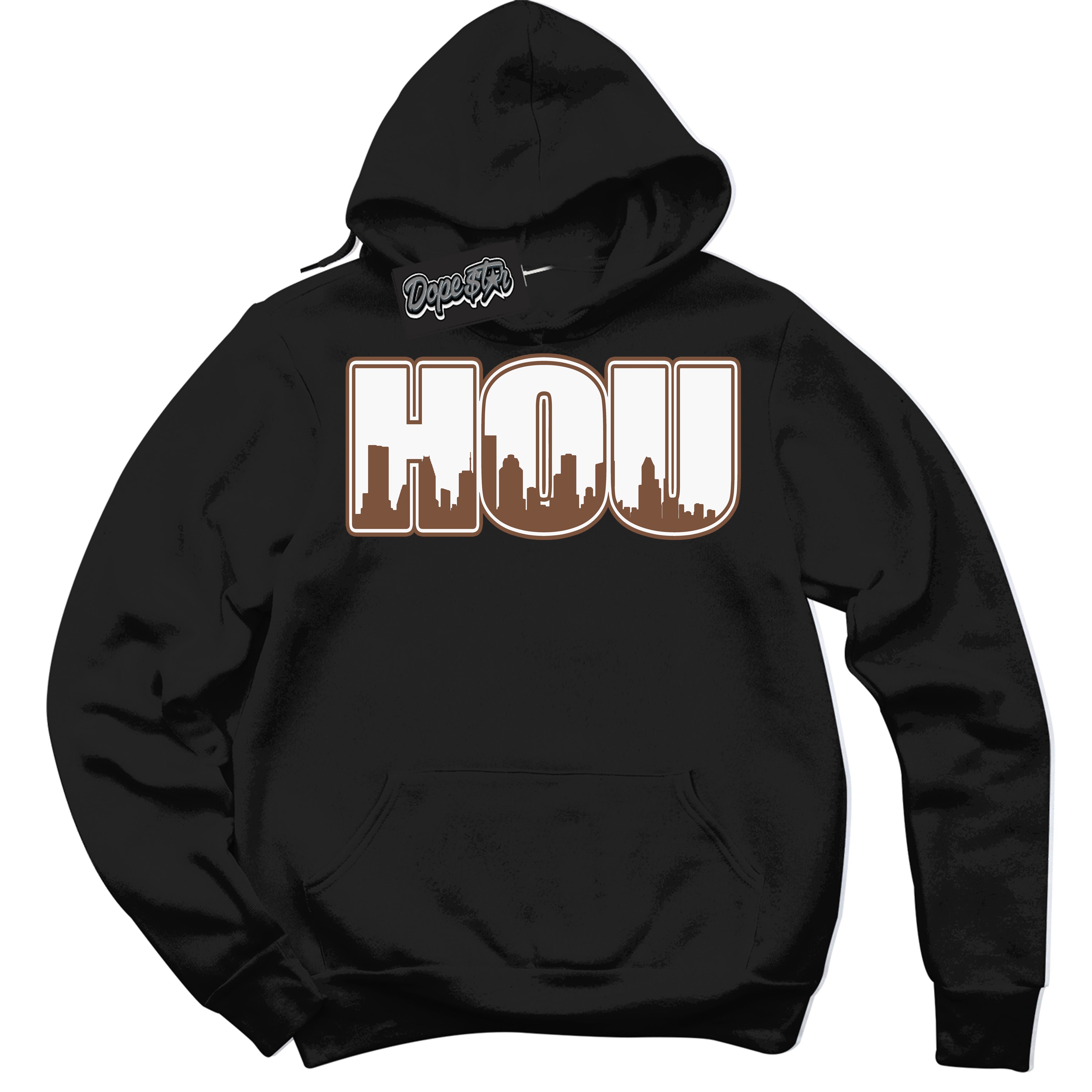 AJ1 Low Archaeo Brown White 'Houston' Hoodie- Black Streetwear Mockup | Sneakerhead Hoodie Matching Archaeo Brown White AJ1 Lows | Limited Edition Jordan 1 Low Archaeo Brown White hoodie for Men & Women | Drip with Your Archaeo Brown White 1s Kicks | Sneakerhead Fashion Must-Have.